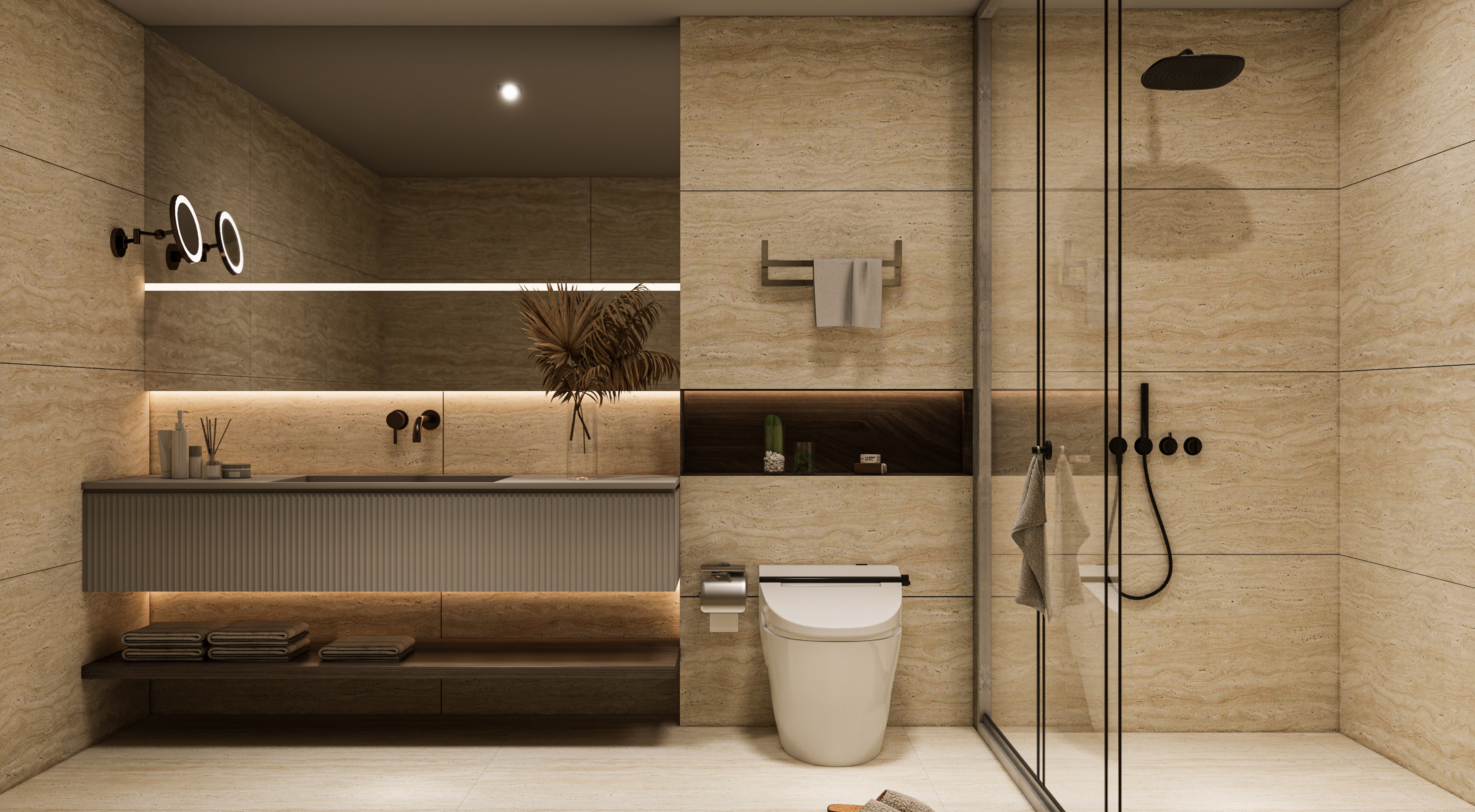 Contemporary Bathroom with Beige Travertine Tiles and Modern Fixtures | Material Depot