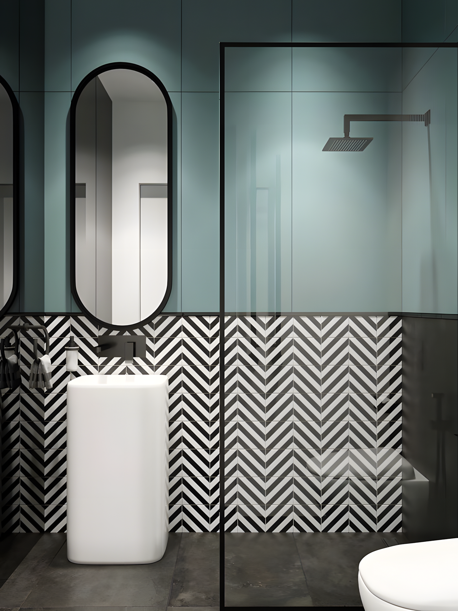 Contemporary Bathroom with Chevron Tile Accents | Material Depot