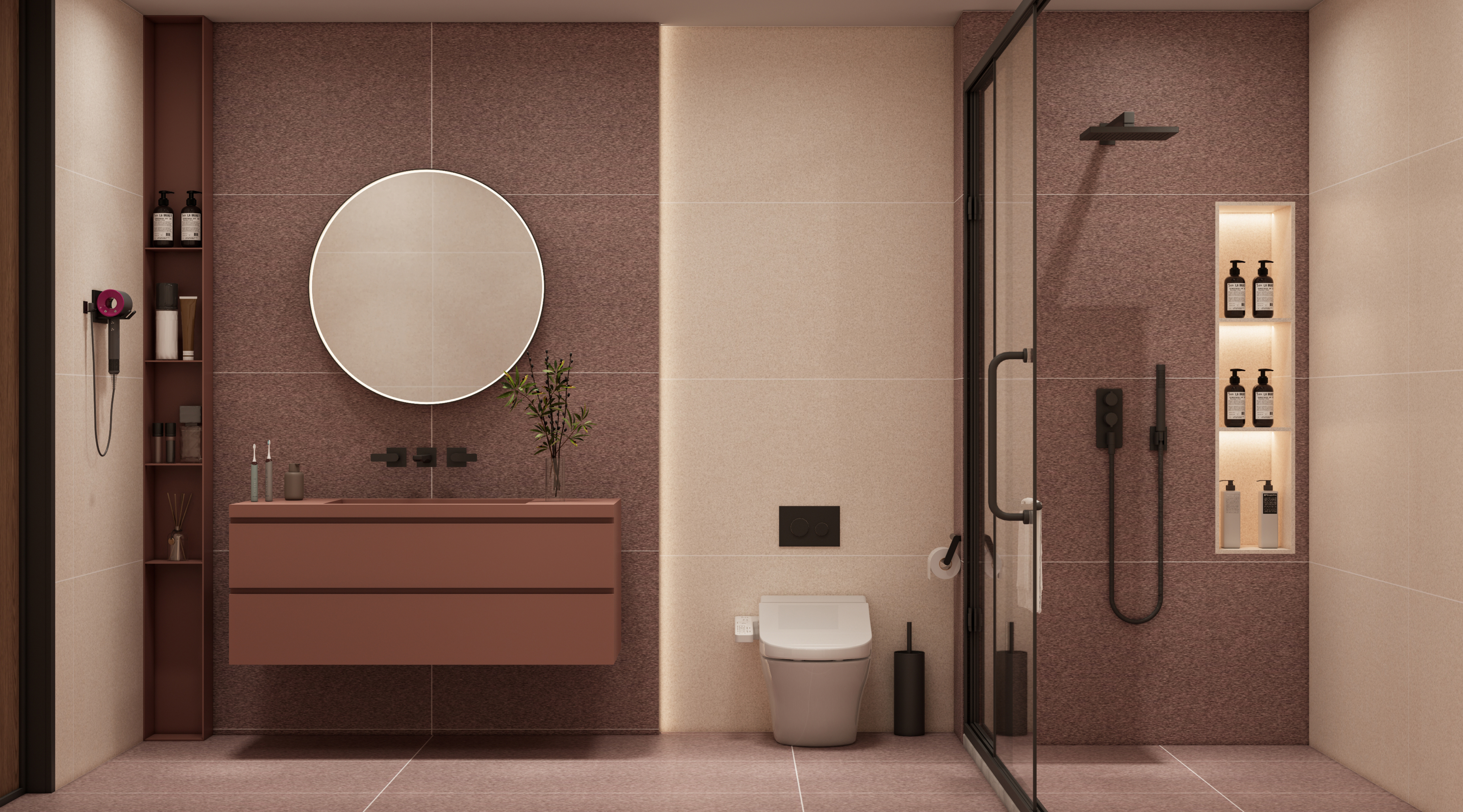 Contemporary Bathroom with Cream and Terracotta Textured Tiles | Material Depot