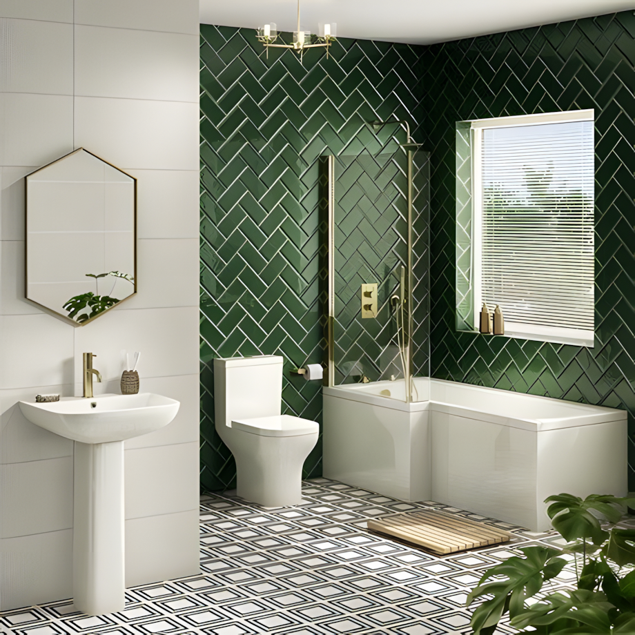 Contemporary Bathroom with Green Herringbone Tiles | Material Depot