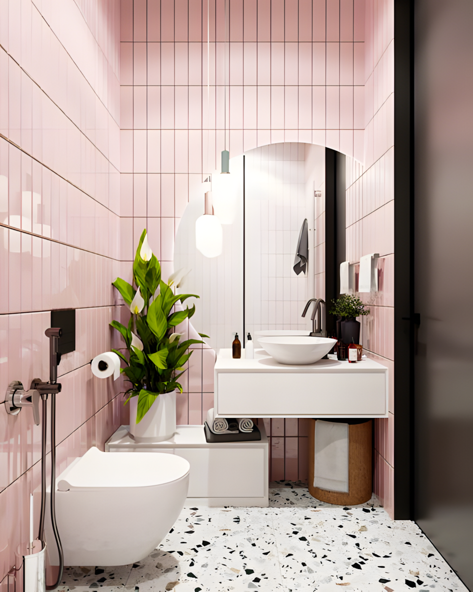 Contemporary Bathroom with Pink Tiles and Terrazzo Floor | Material Depot