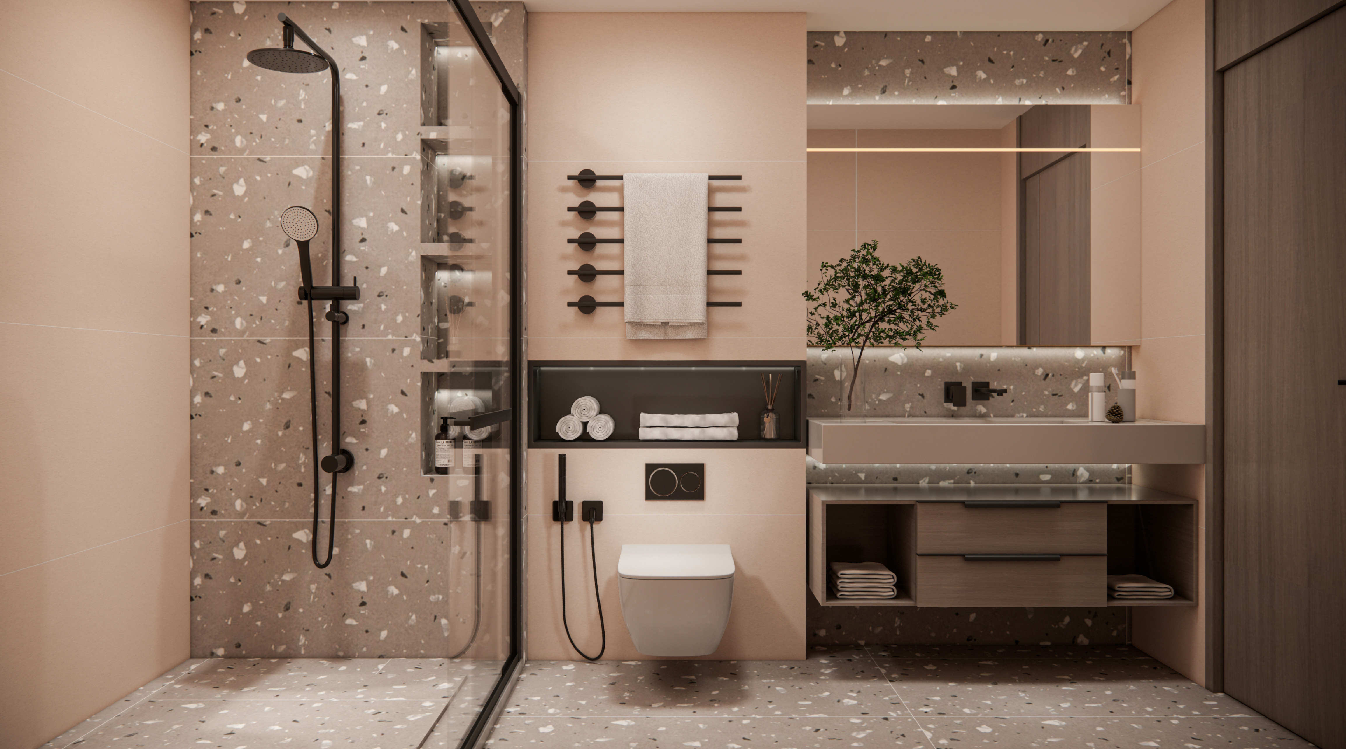 Contemporary Bathroom with Terrazzo Tiles and Black Fixtures | Material Depot