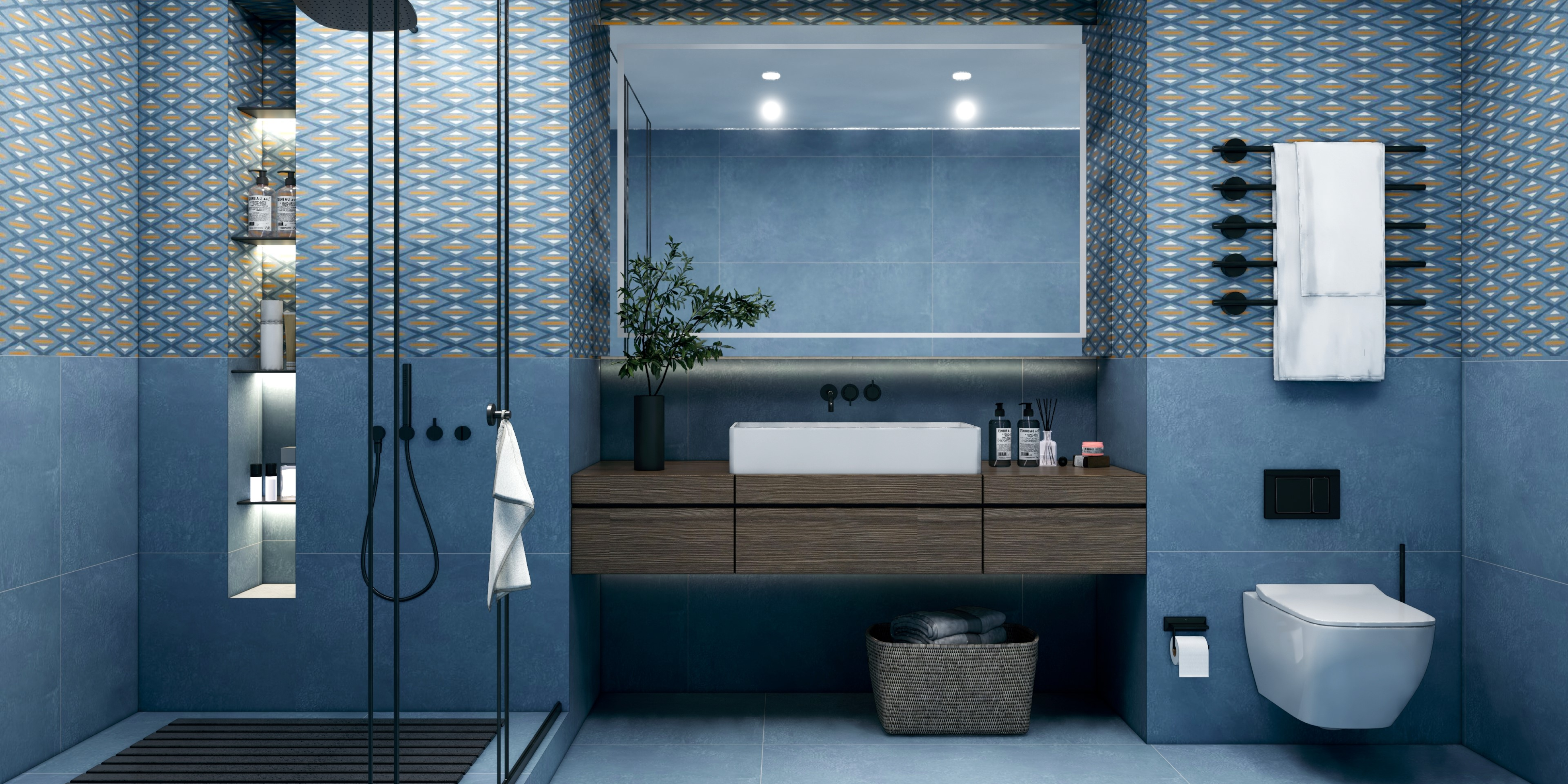 Contemporary Blue Bathroom with Geometric Patterned Tiles | Material Depot