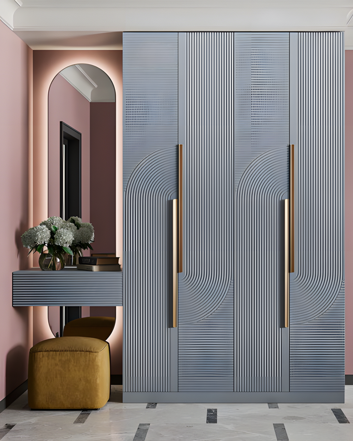 Contemporary Blue Wardrobe with Curved Lines and Gold Handles | Material Depot