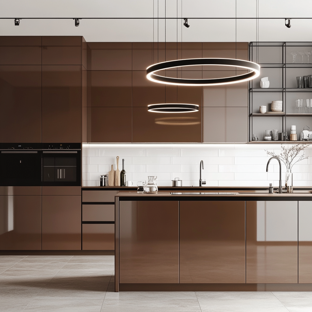 Contemporary Brown Kitchen Featuring Open Shelving and Chic Lighting | Material Depot