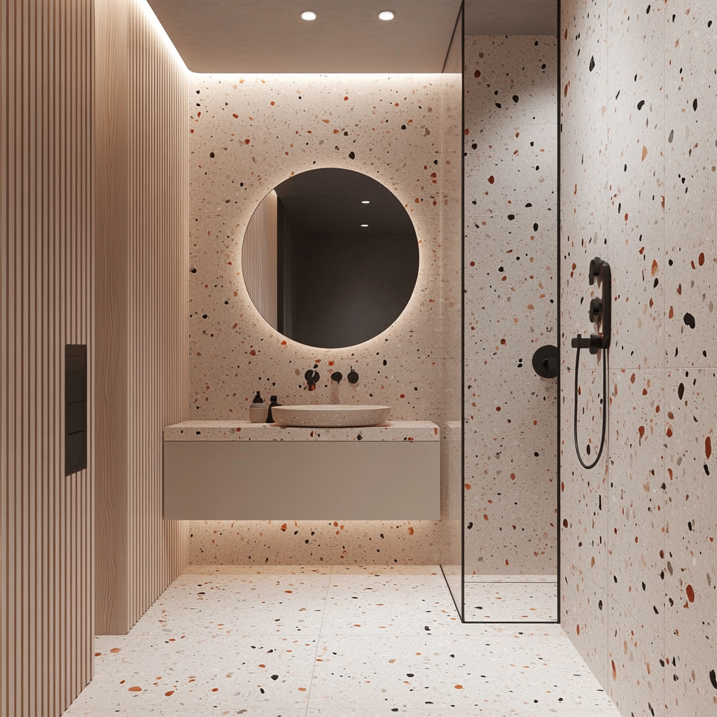 Contemporary Charm: Unique Terrazzo Bathroom with Circular Mirror and Wooden Accents | Material Depot