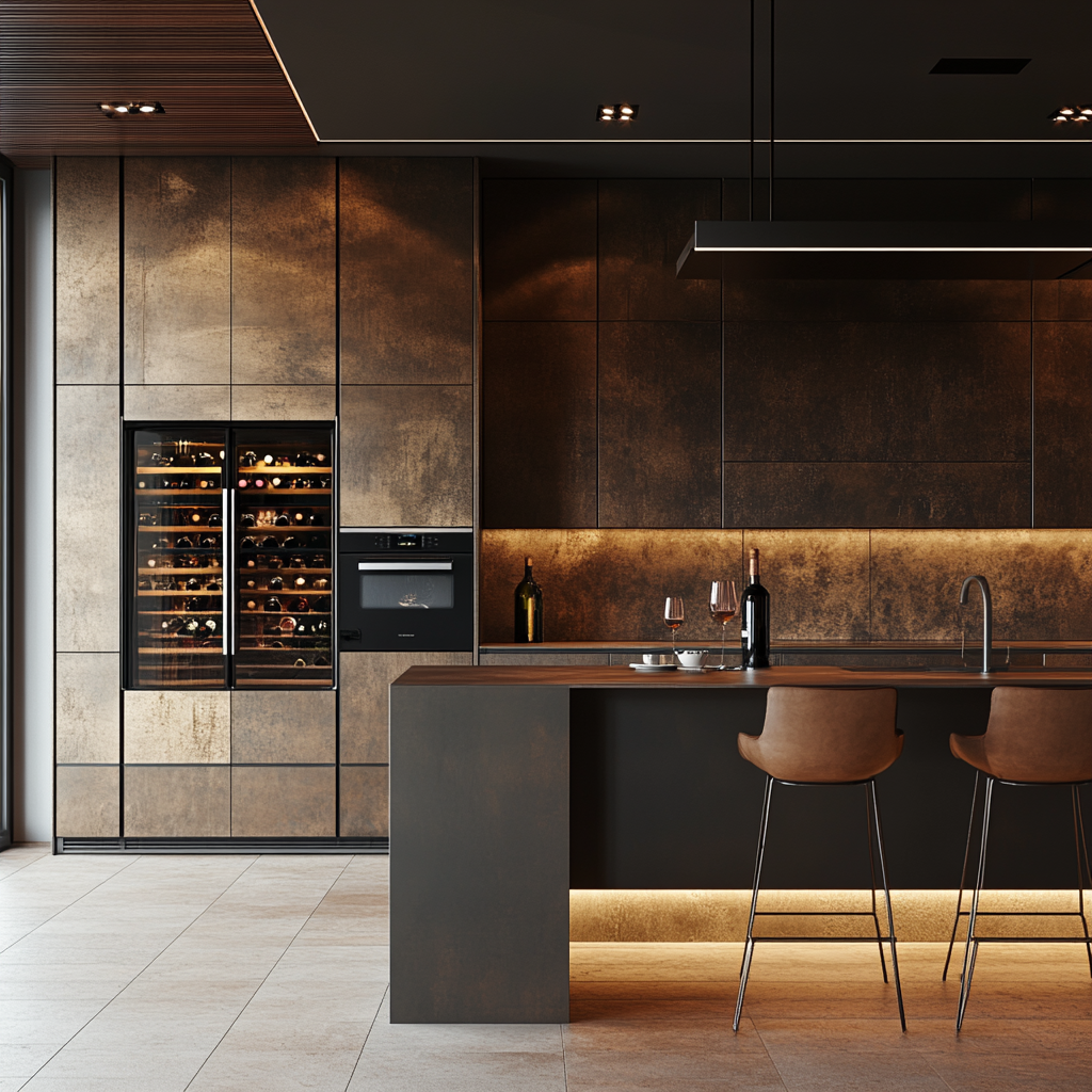 Contemporary Chic Kitchen with Rustic Metallic Tiles and Elegant Wine Storage | Material Depot