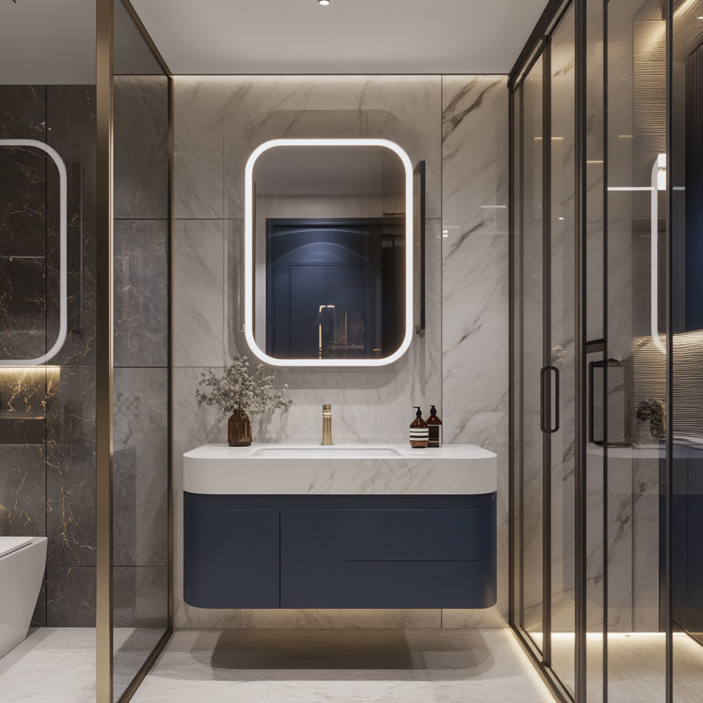 Contemporary Chic: Luxurious Marble Bathroom with Blue Vanity and Elegant Fixtures | Material Depot