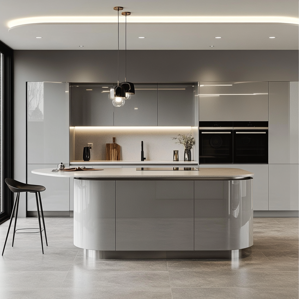 Contemporary Gray Kitchen with Sleek Curved Island and Modern Aesthetics | Material Depot