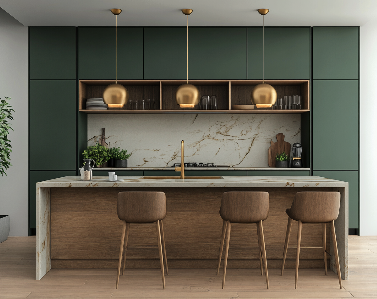 Contemporary Green and Wood Kitchen Blend: Stylish and Inviting | Material Depot