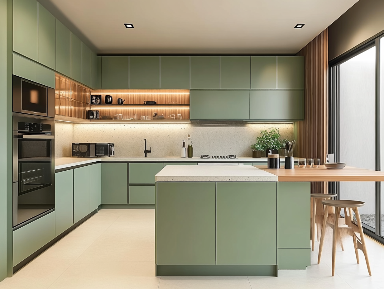 Contemporary Green Kitchen with Warm Wooden Features | Material Depot