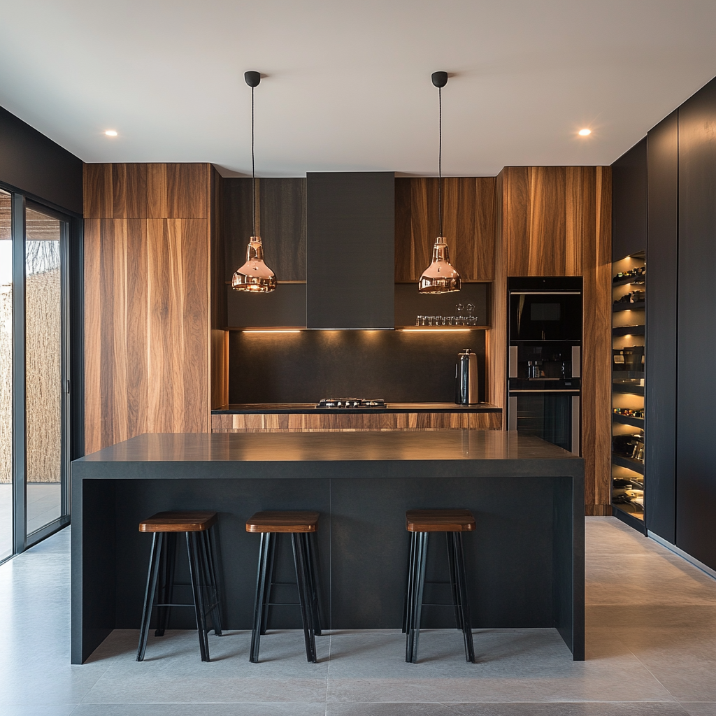 Contemporary Kitchen Elegance with Copper Pendant Lighting and Luxurious Dark Wood Cabinets | Material Depot