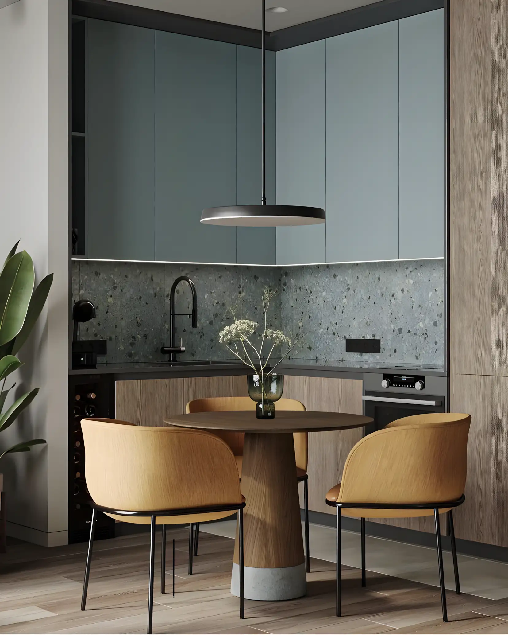 Contemporary Kitchen with Terrazzo Backsplash and Warm Accents