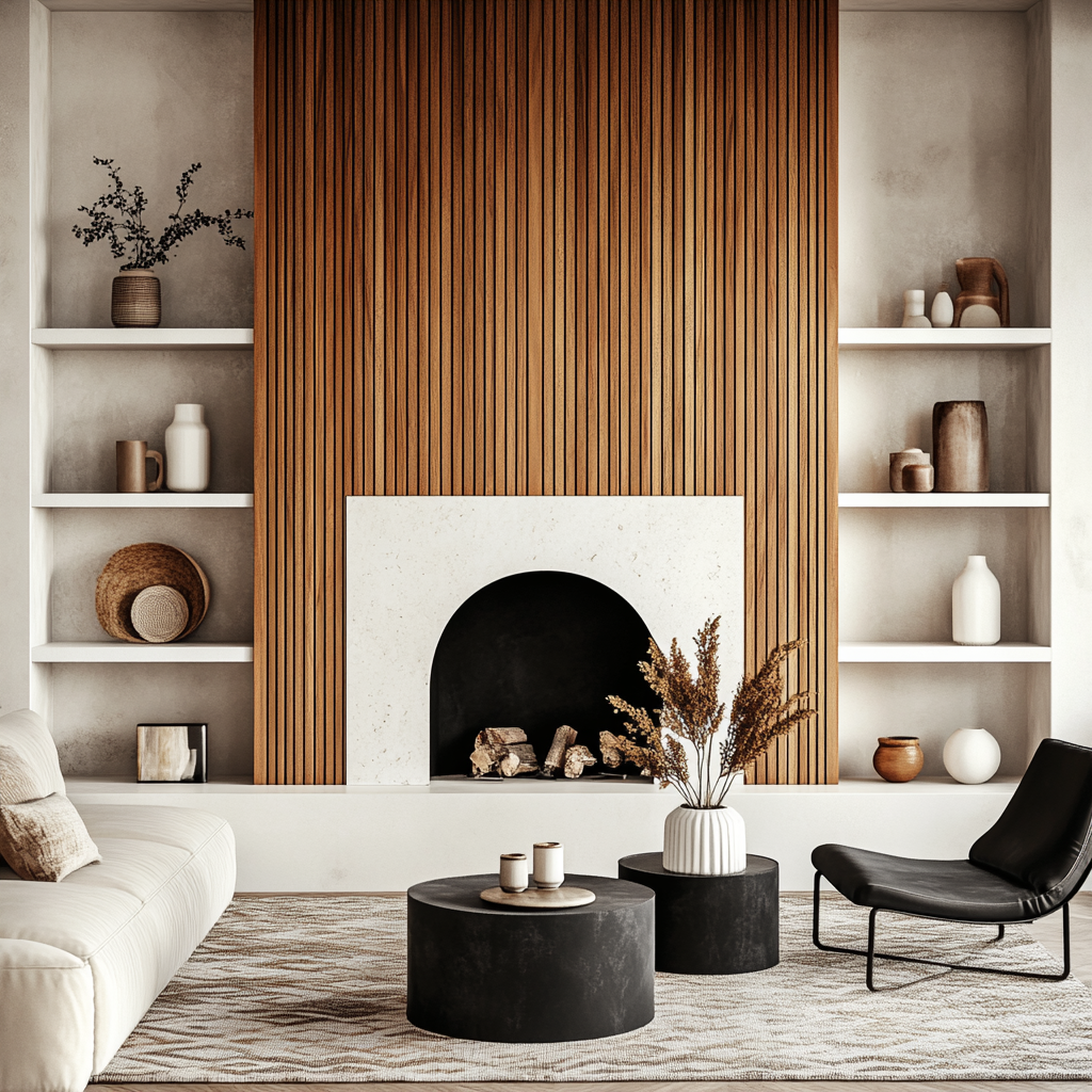 Contemporary Living Room with Fluted Wood Panel and Minimalist Fireplace | Material Depot