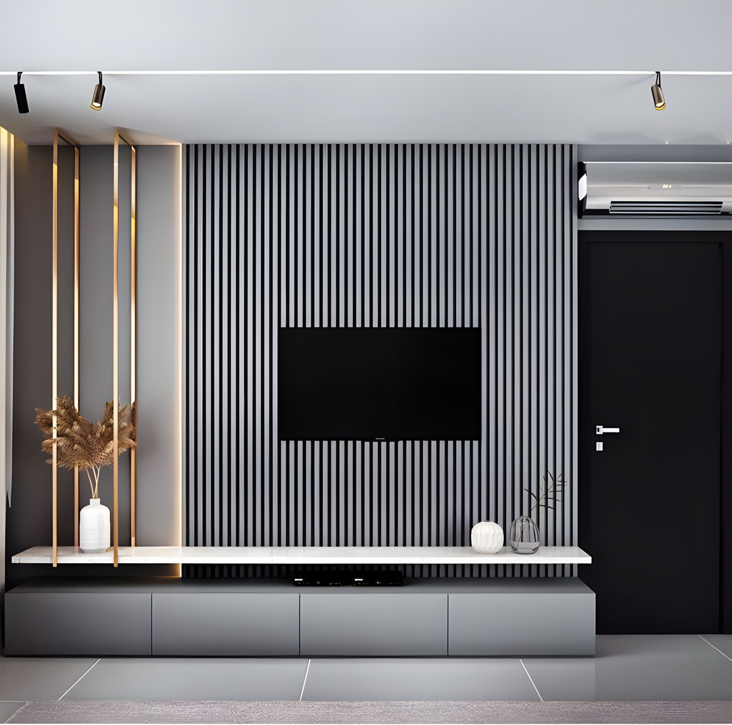 Contemporary TV Unit with Gray Slatted Wall and Gold Accents | Material Depot