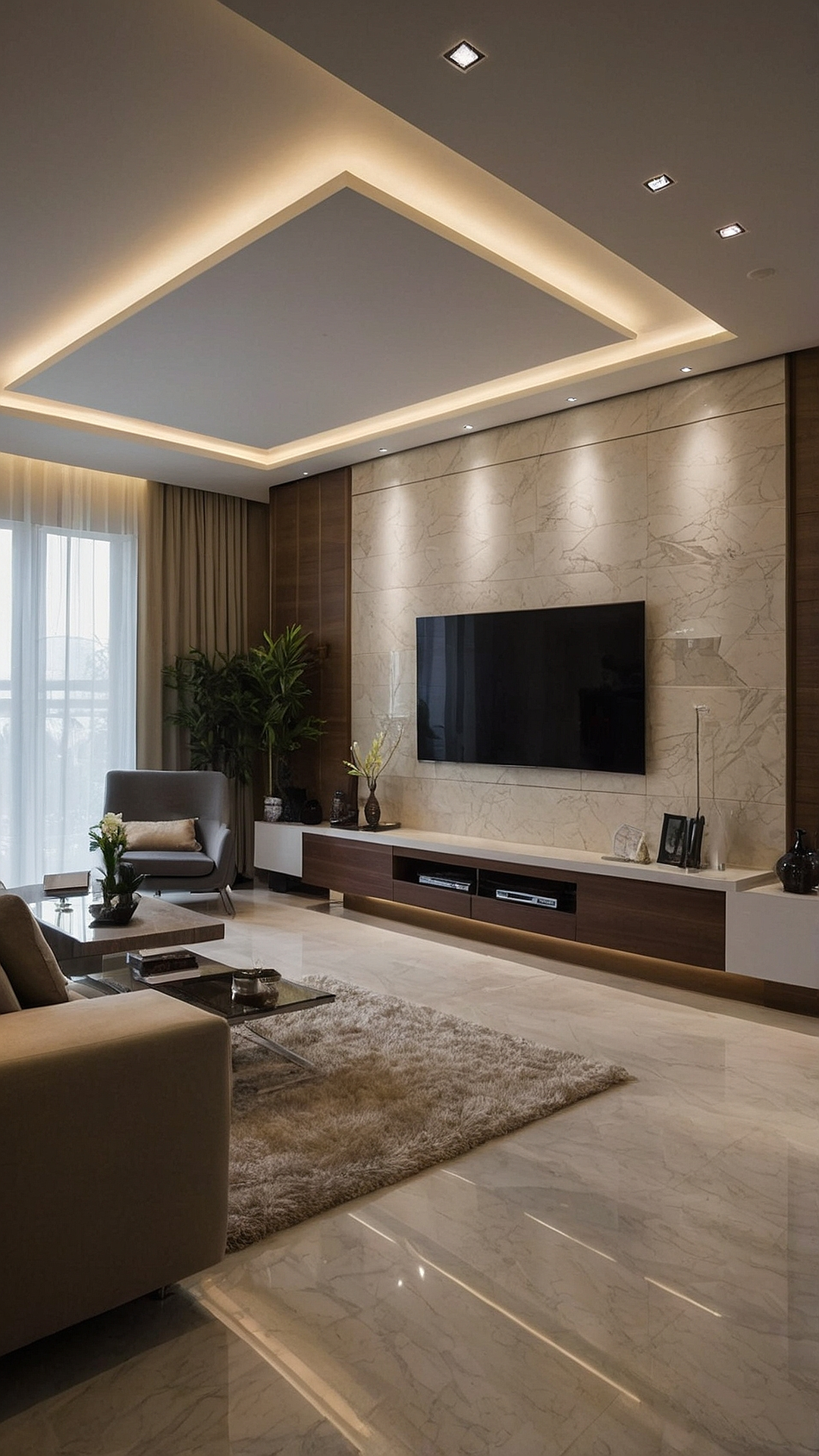 Contemporary TV Unit with Marble Accent Wall and Coffered Ceiling | Material Depot