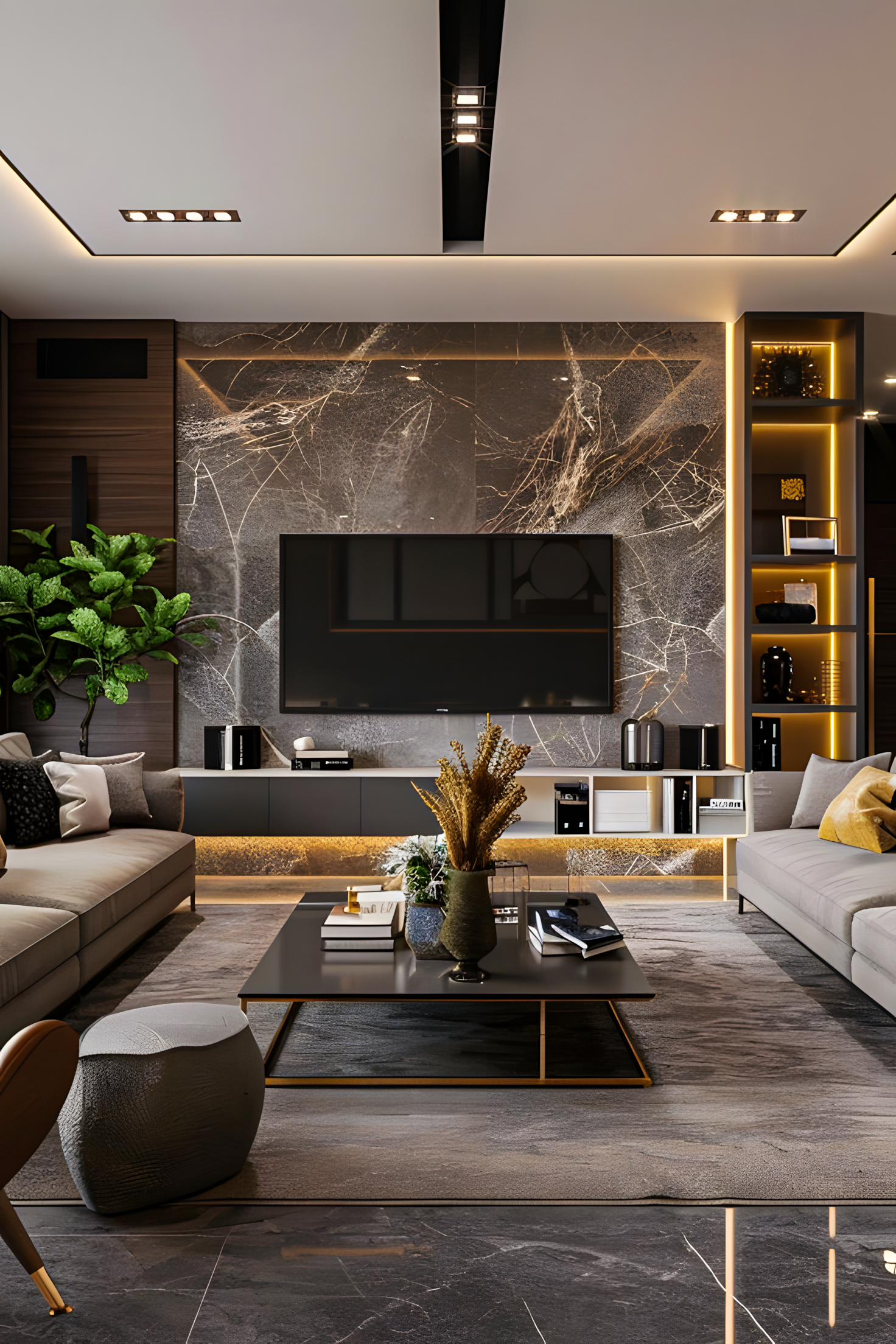 Contemporary TV Unit with Marble Accent Wall and Sleek TV Console | Material Depot