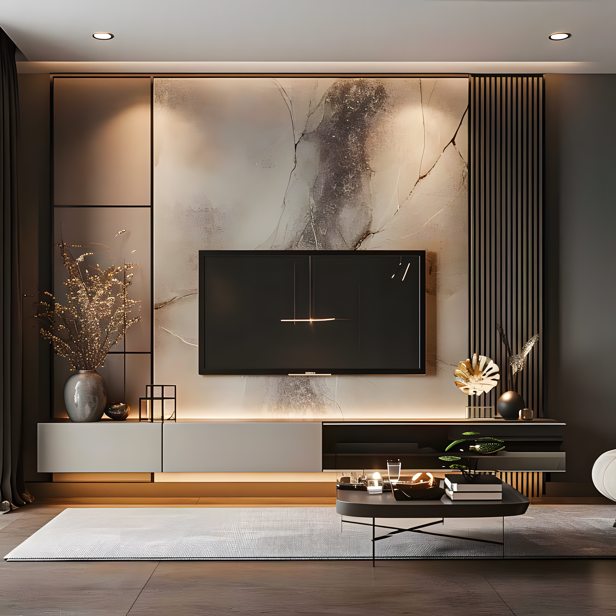 Contemporary TV Unit with Marble Accent Wall and Sleek TV Console | Material Depot