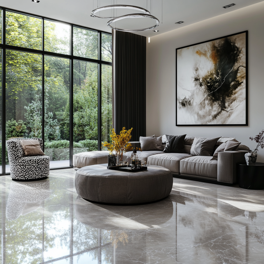 Contemporary Living Room with Marble Flooring and Scenic Garden Views | Material Depot