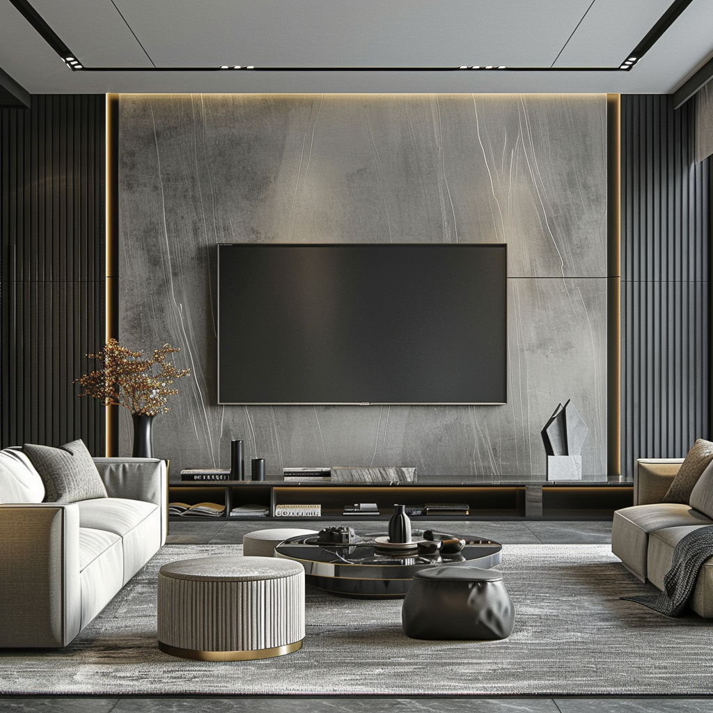 Contemporary TV Unit with Textured Wall and Sleek TV Console | Material Depot