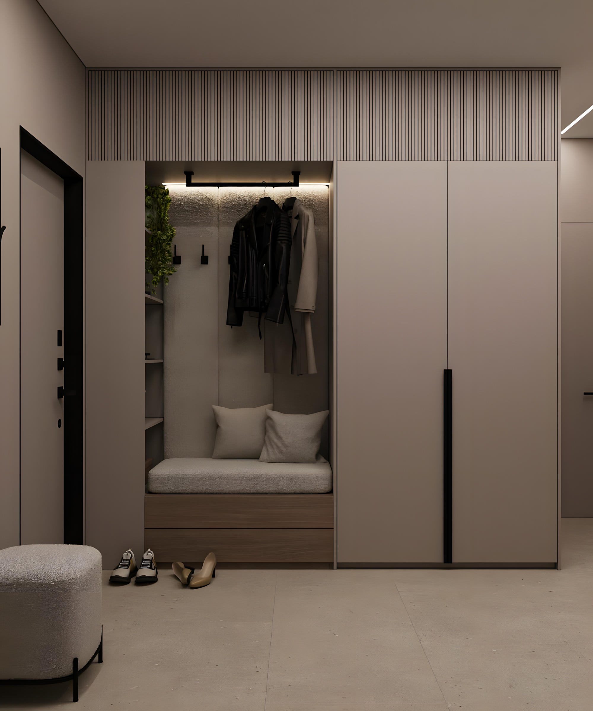 Contemporary Minimalist Gray Wardrobe with Built-in Seating | Material Depot