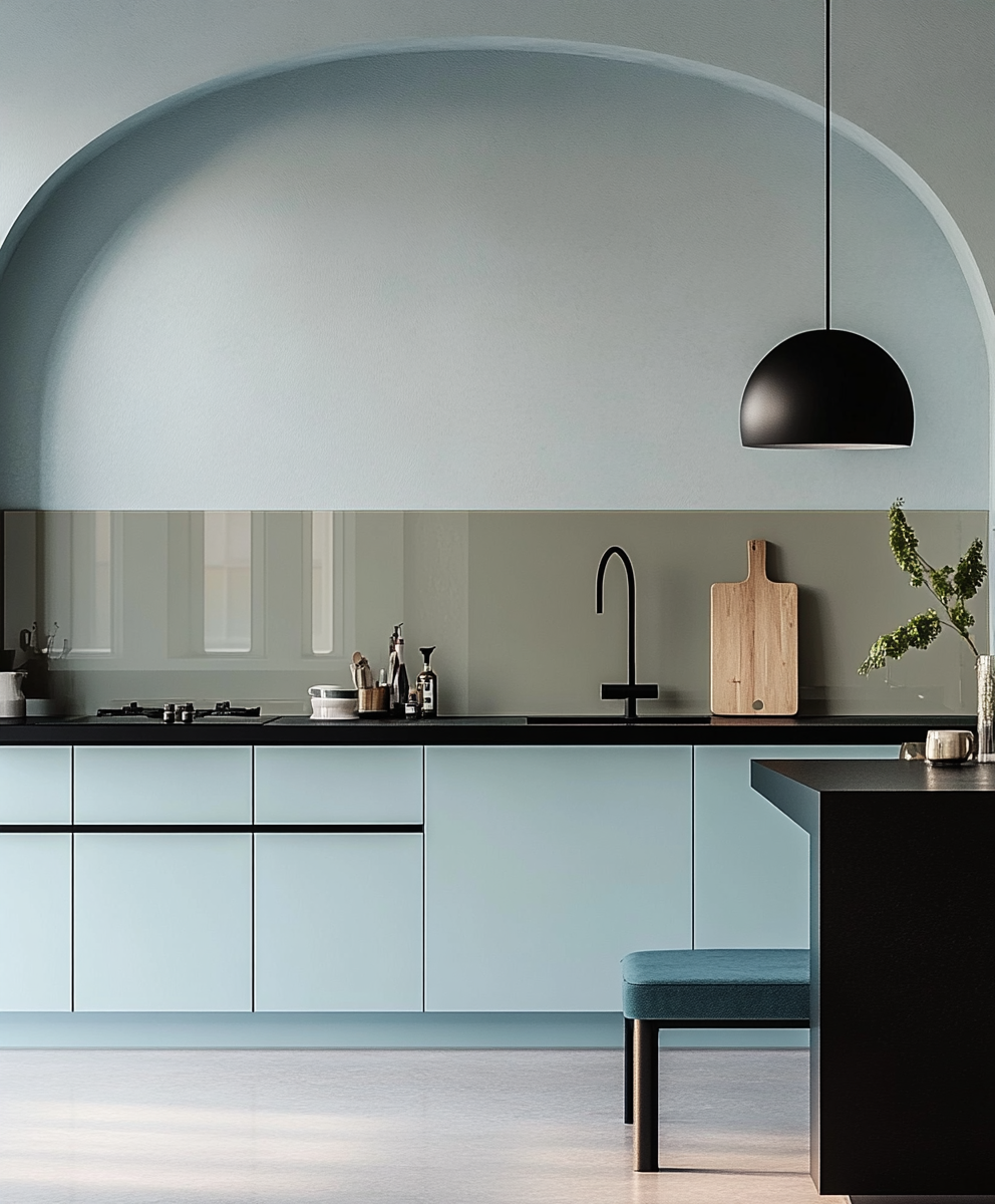 Contemporary Mint Kitchen with Large Arched Overhang and Minimalist Appeal | Material Depot