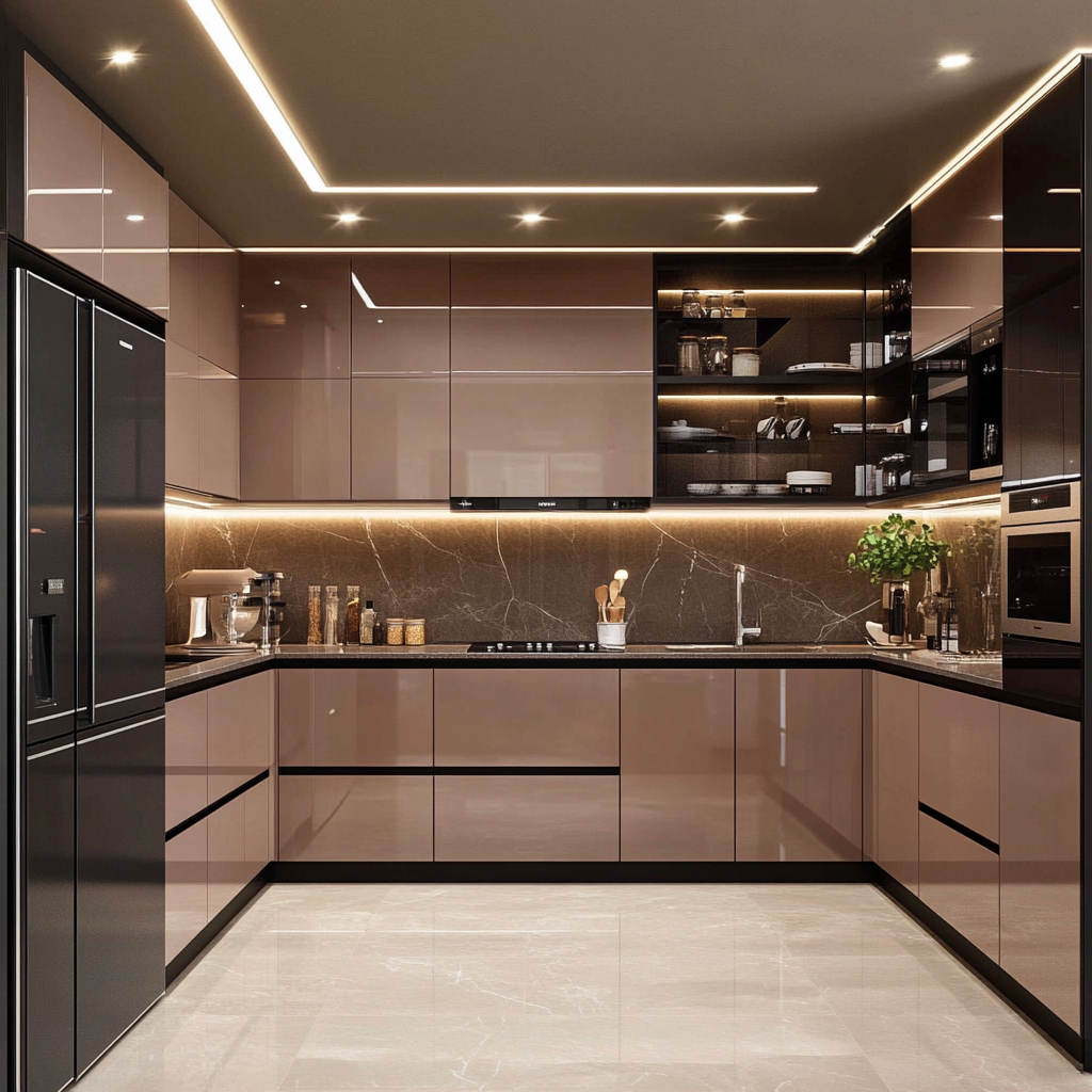 Contemporary Mocha Kitchen with Sleek Marble Backsplash and Ambient Lighting | Material Depot