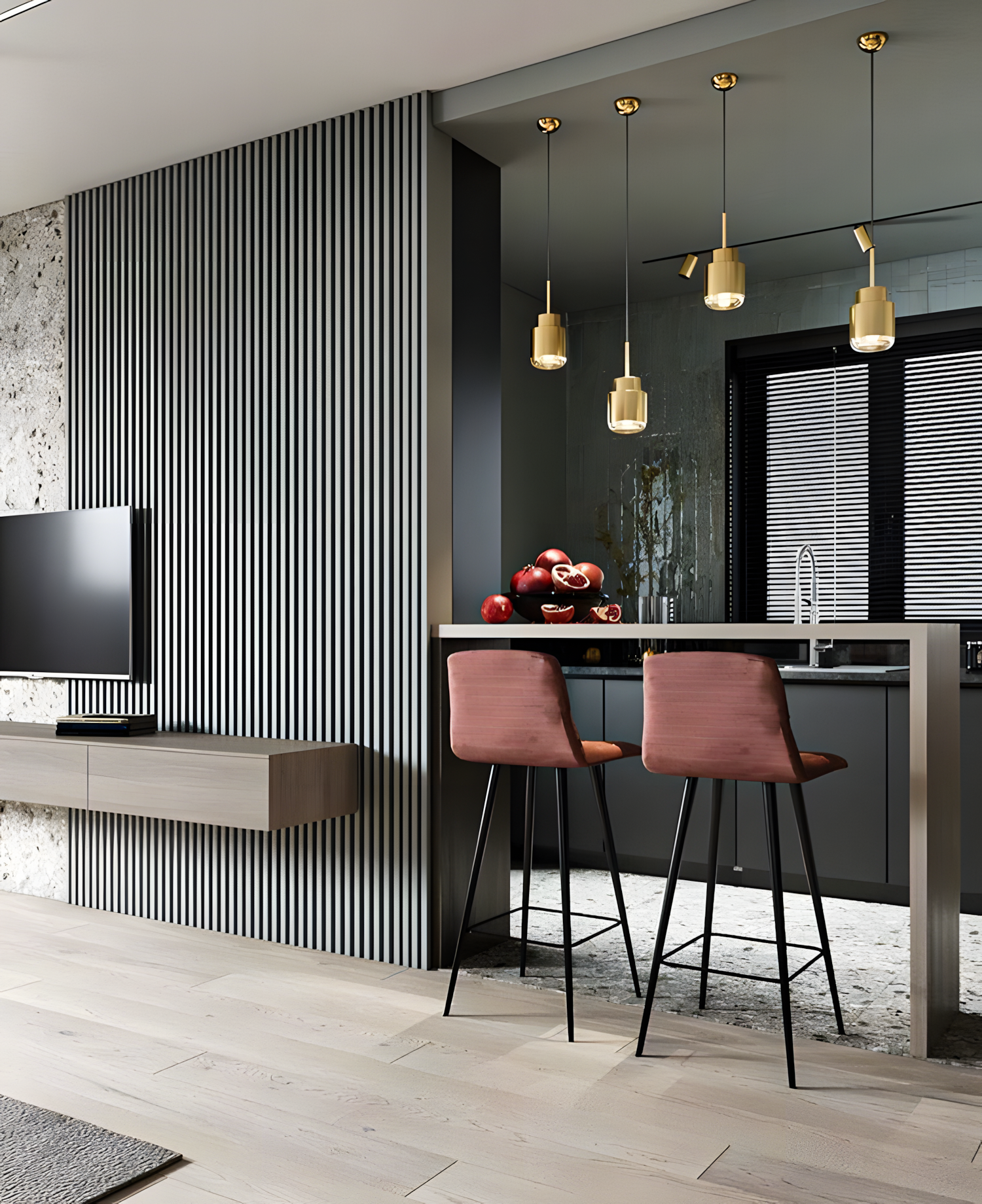 Contemporary Open-Plan Living Space with Gray Slatted Wall | Material Depot