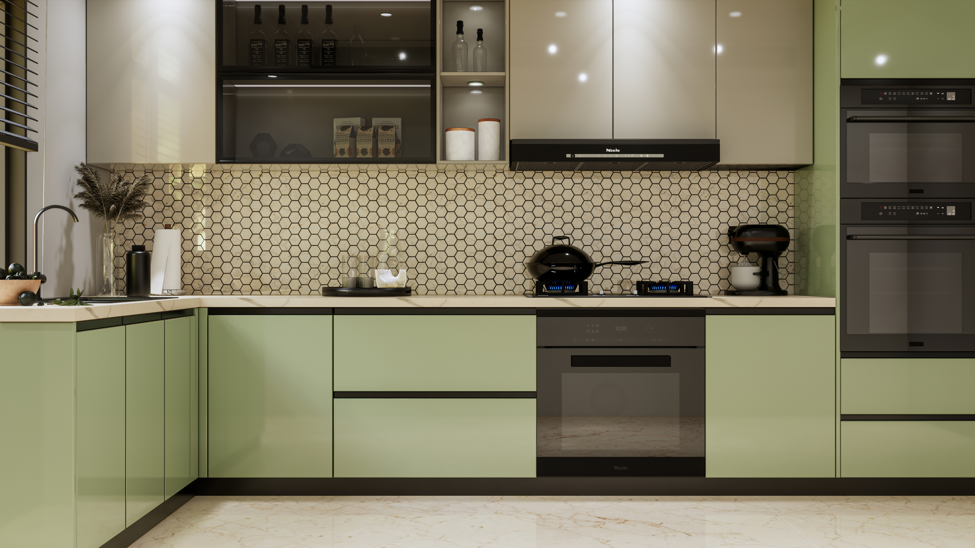 Contemporary Sage Green Kitchen with Hexagonal Tile Backsplash | Material Depot