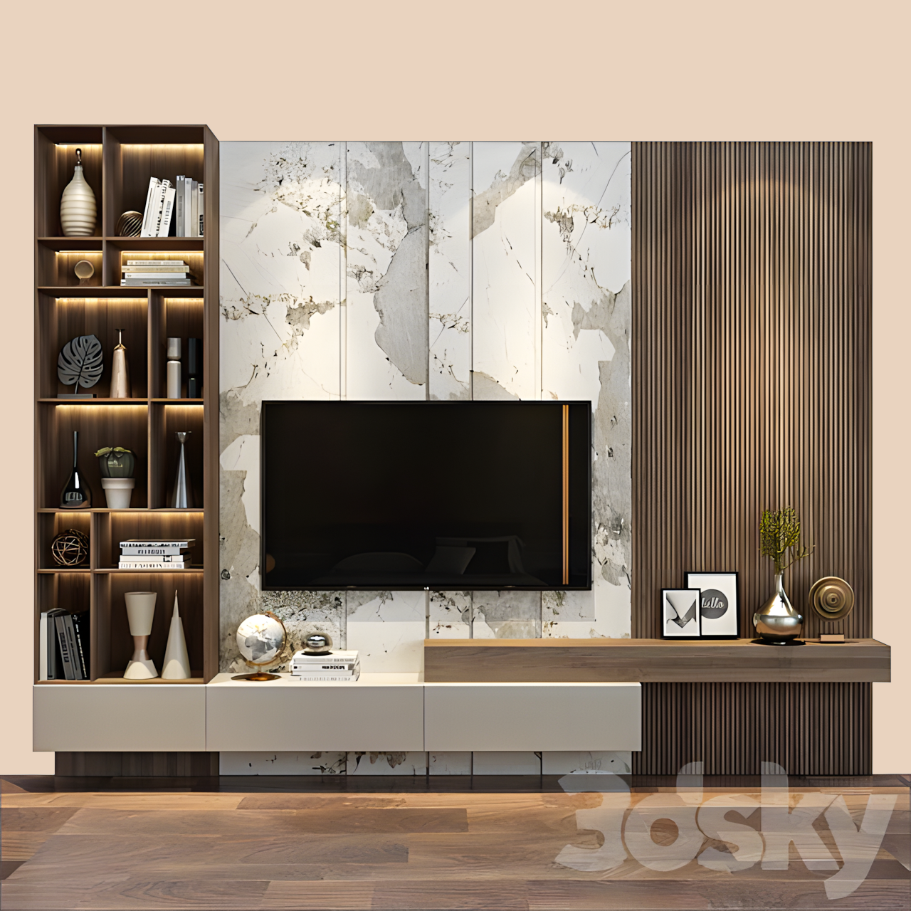 Contemporary TV Wall Unit with Marble and Wood Accents | Material Depot