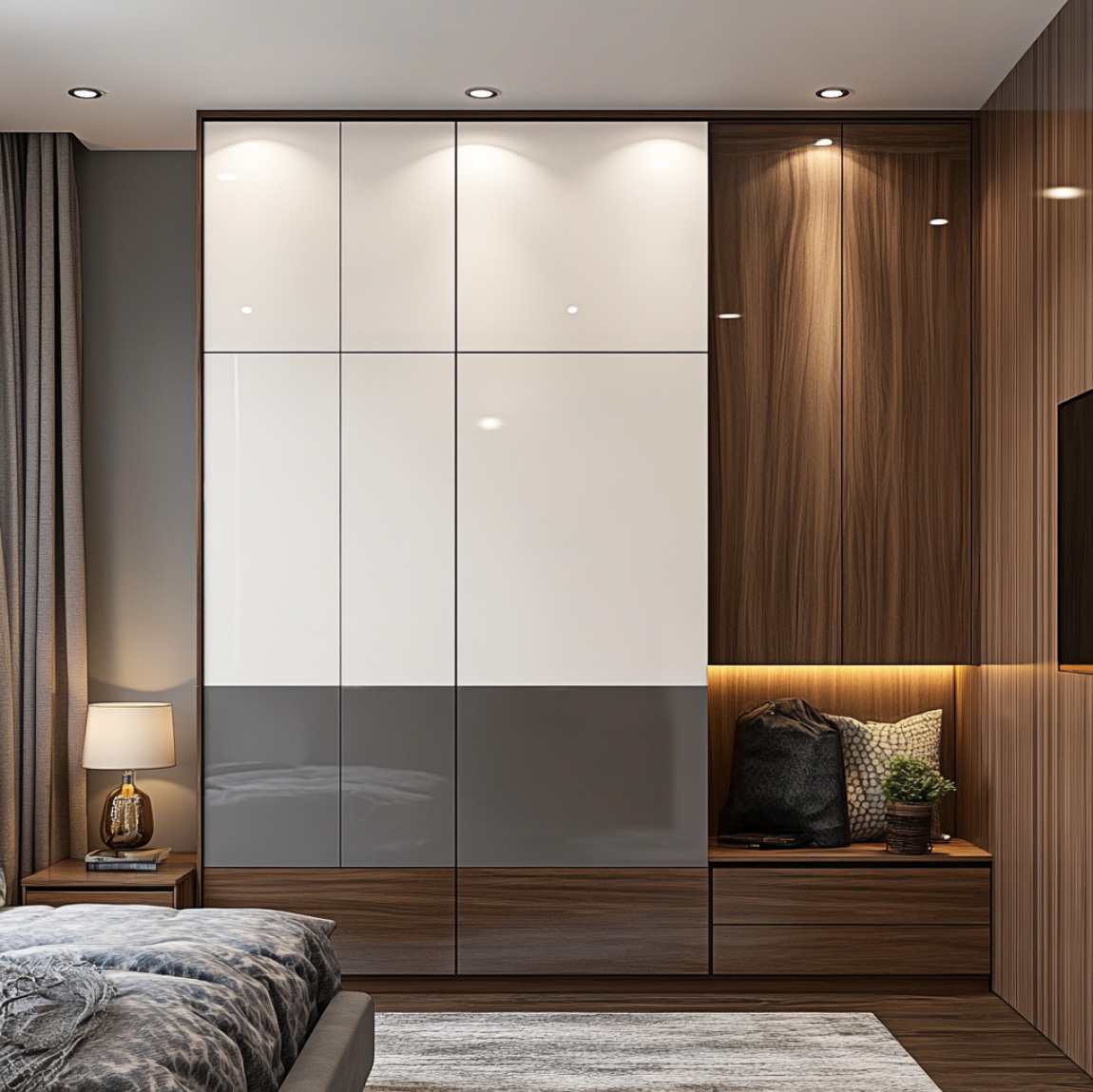 Contemporary White and Grey Solid Laminate Wardrobe with Wood Finish for Master Bedroom | Material Depot