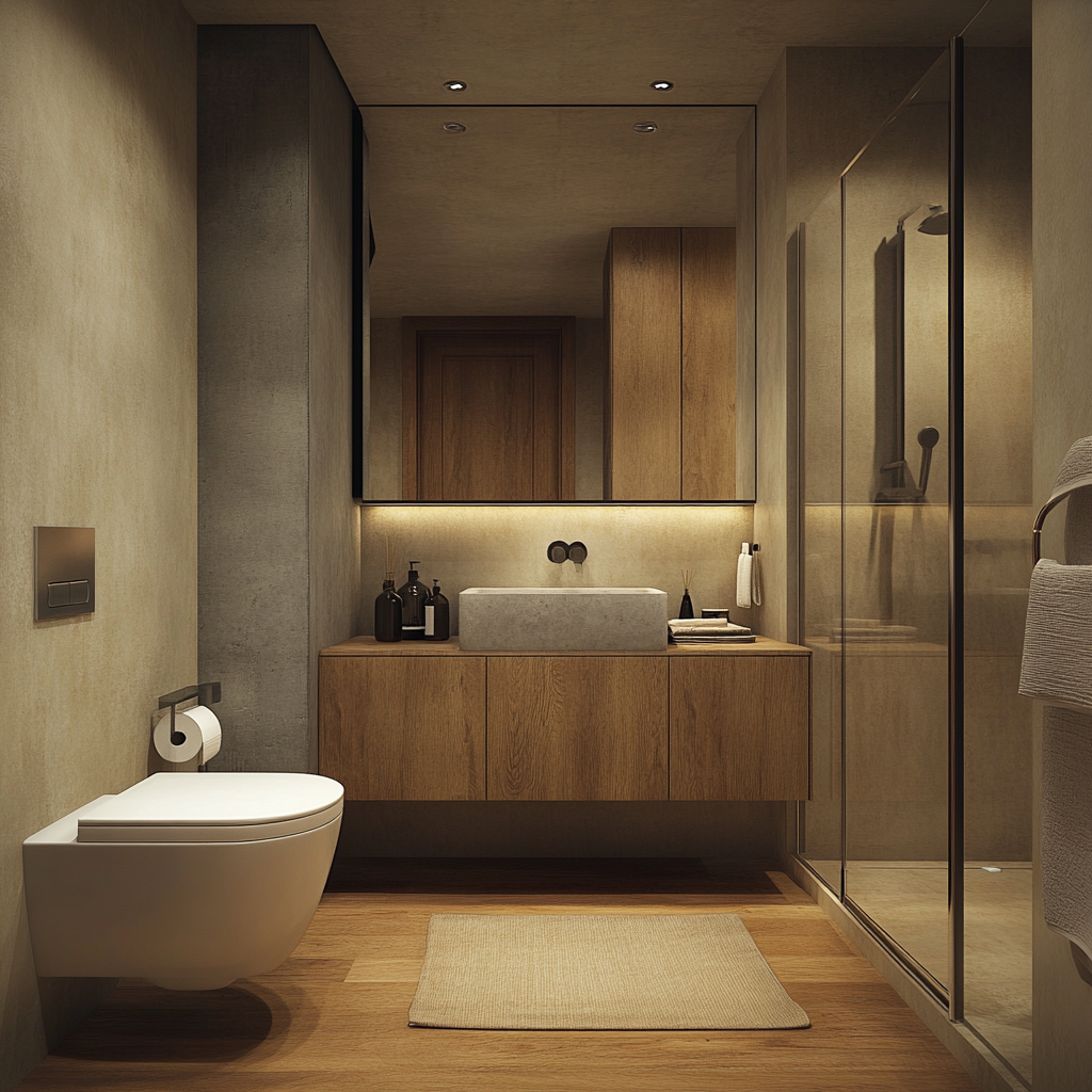 Contemporary Wooden Bathroom with Streamlined Design and Neutral Palette | Material Depot