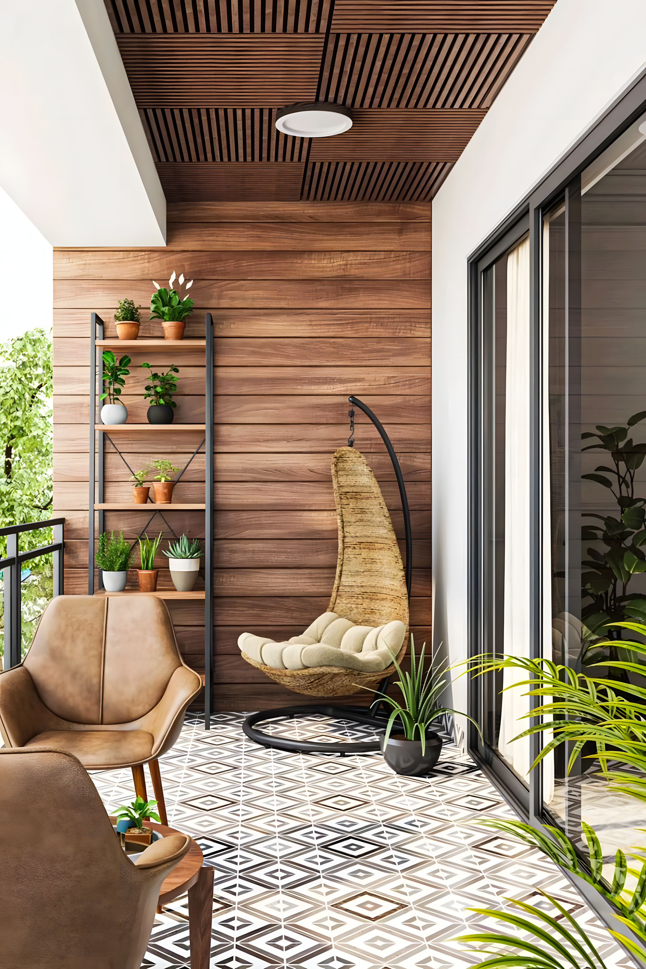 Cozy Balcony with Geometric Tiles and Wooden Accents | Material Depot