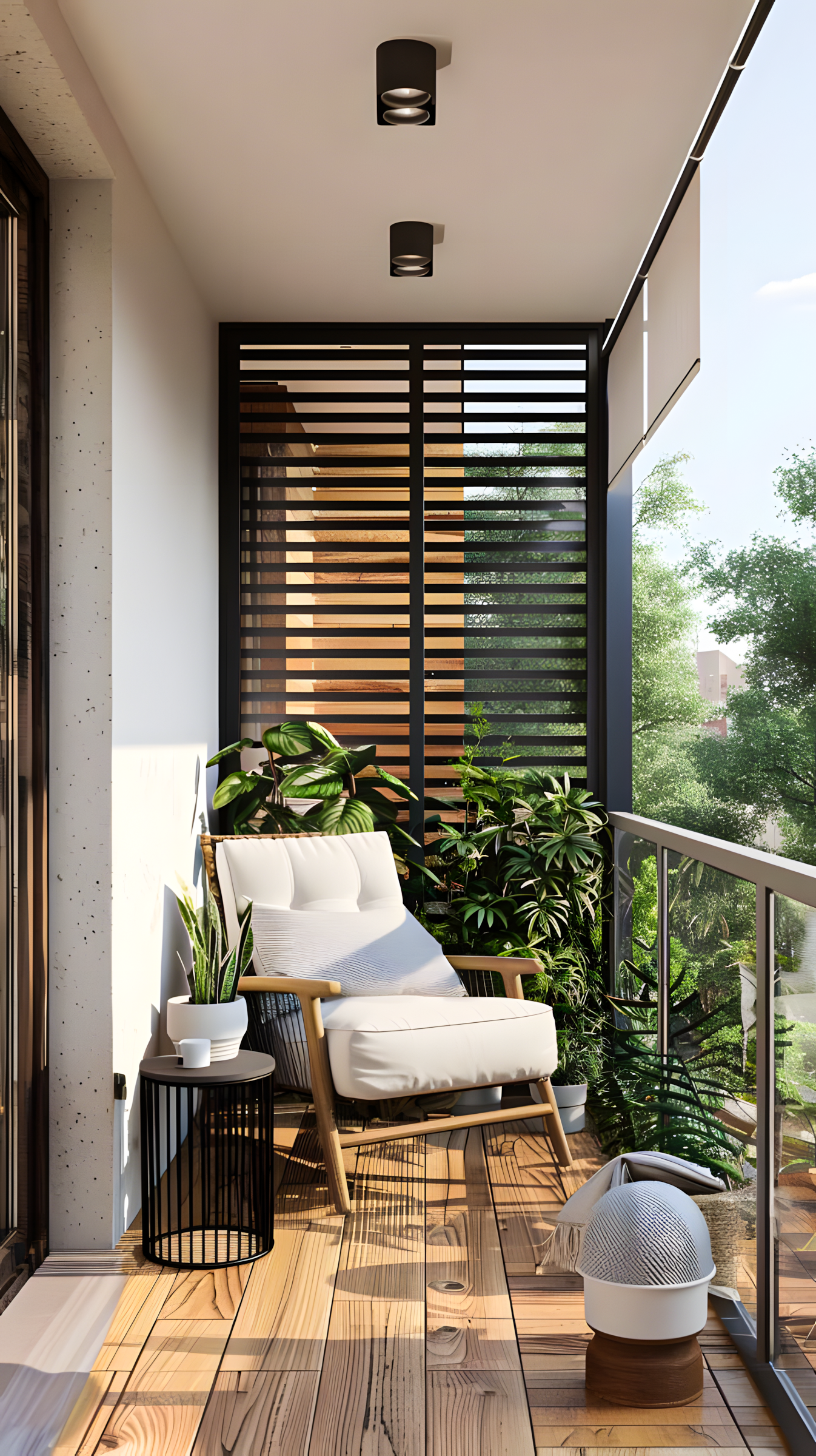 Cozy Balcony with Wooden Decking and Greenery | Material Depot