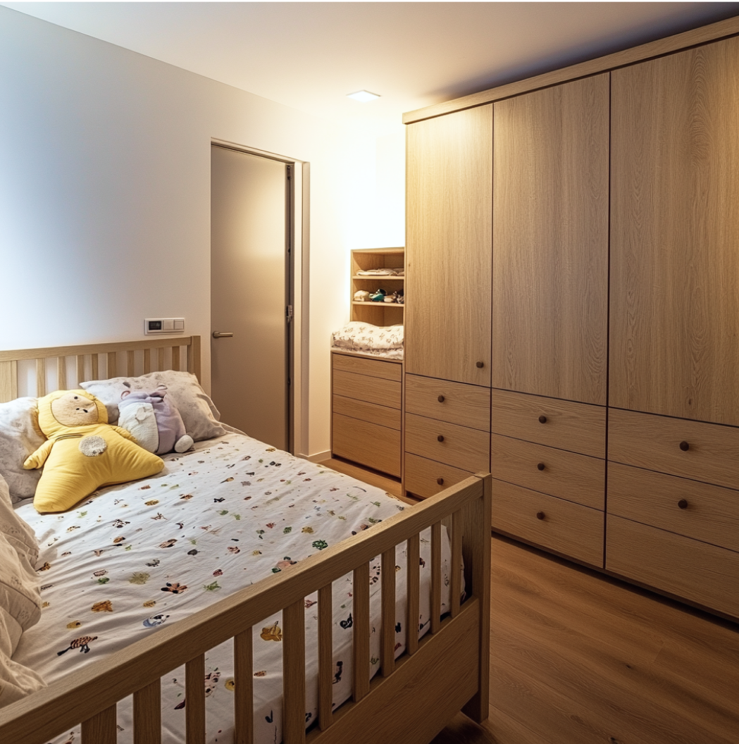 Cozy Kids' Bedroom with Oak Wooden Laminate Wardrobe and Minimalist Design | Material Depot