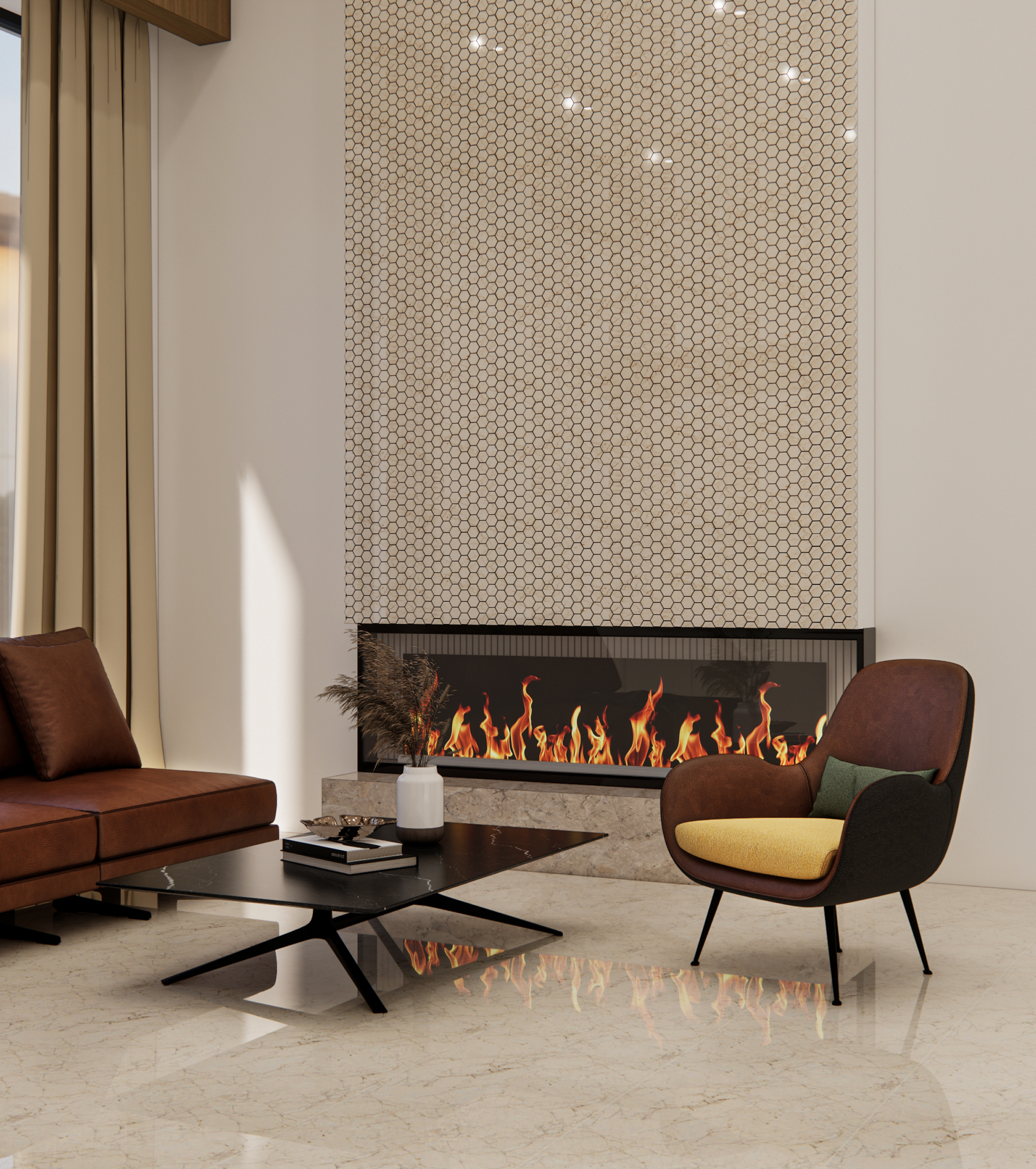 Cozy Modern Living Room with Hexagonal Tile Fireplace | Material Depot