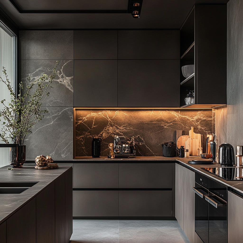 Dark Elegance: Chic Kitchen Design with Gold Marble Backsplash and Muted Tones | Material Depot