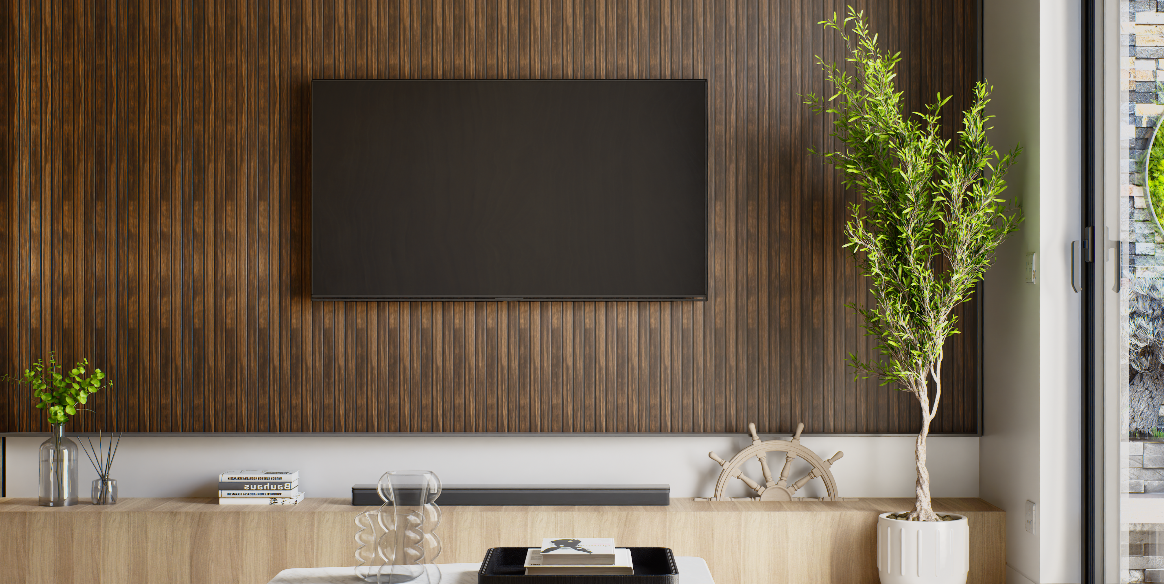 Dark Wood Fluted Accent Wall with Modern Media Setup | Material Depot