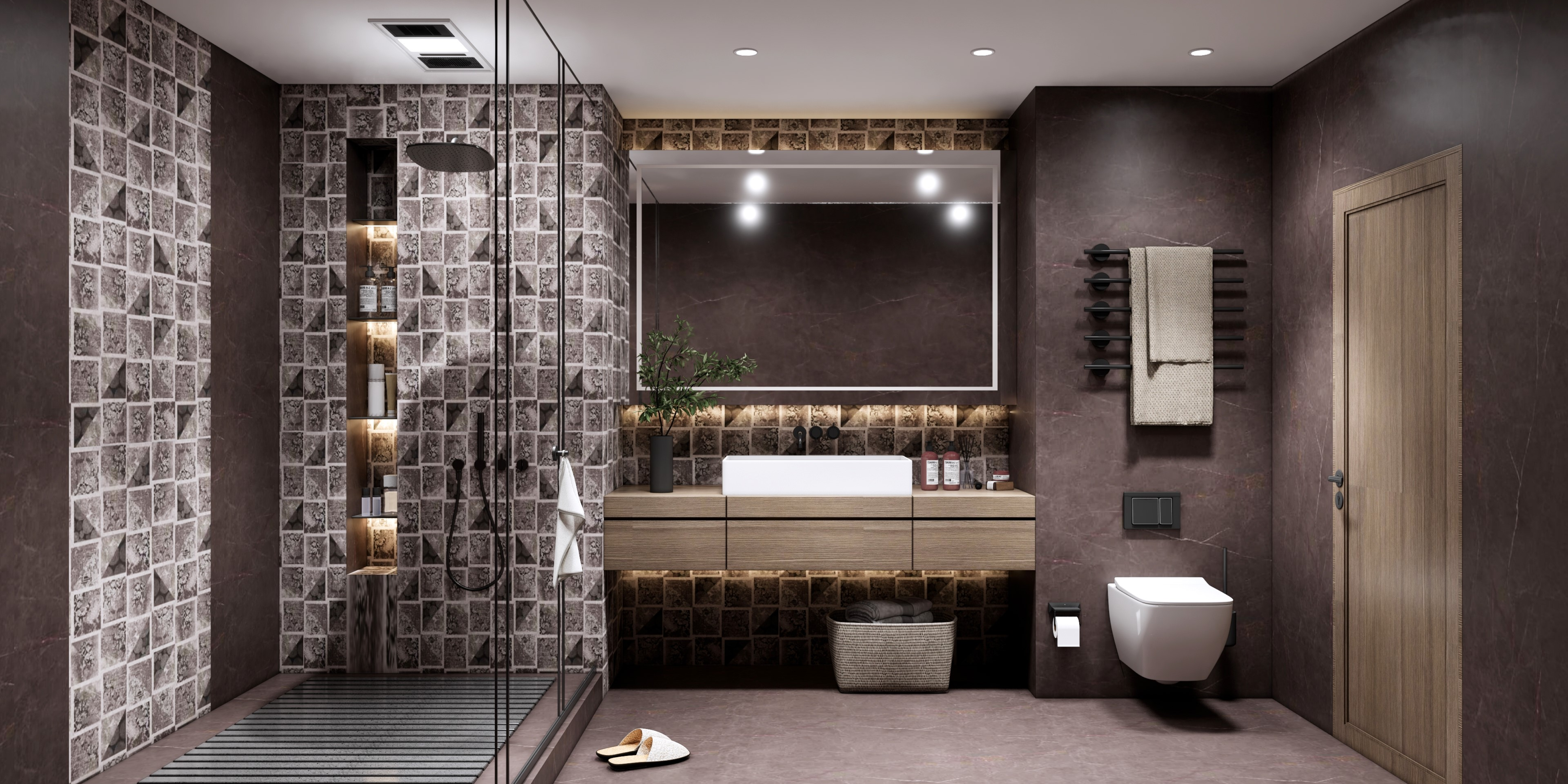 Dark-Themed Bathroom with Mosaic Tiles and Wooden Accents | Material Depot