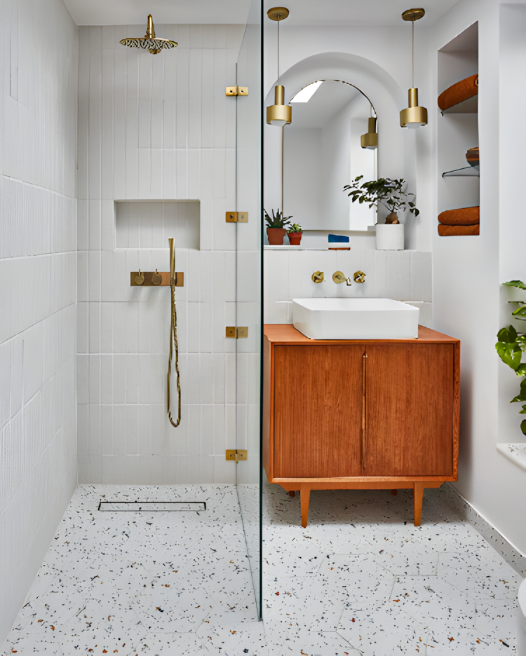 Decorative Bathroom with Terrazzo Floor and Gold Fixtures | Material Depot