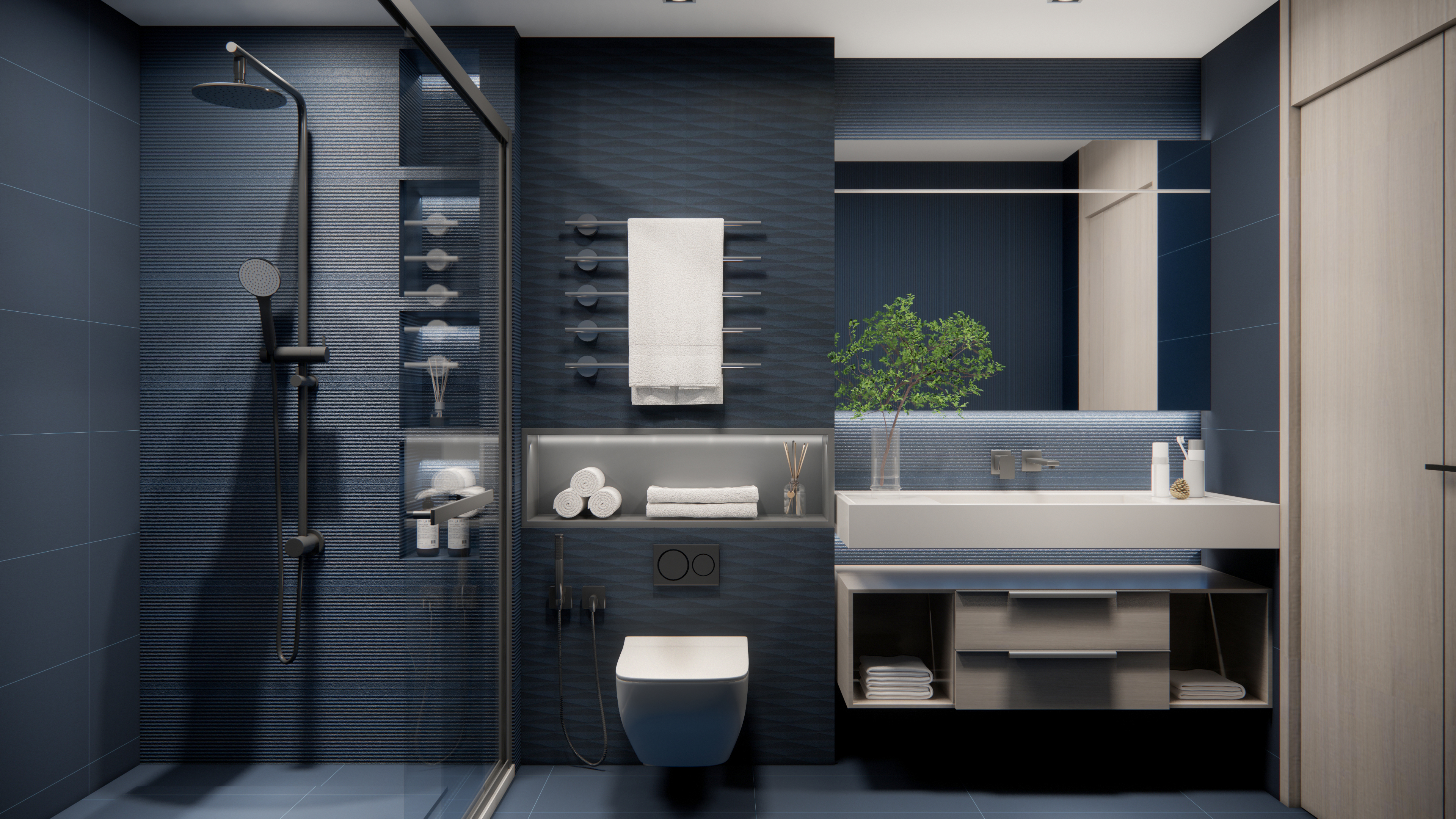 Deep Blue Fluted Tiles in a Modern Luxury Bathroom | Material Depot