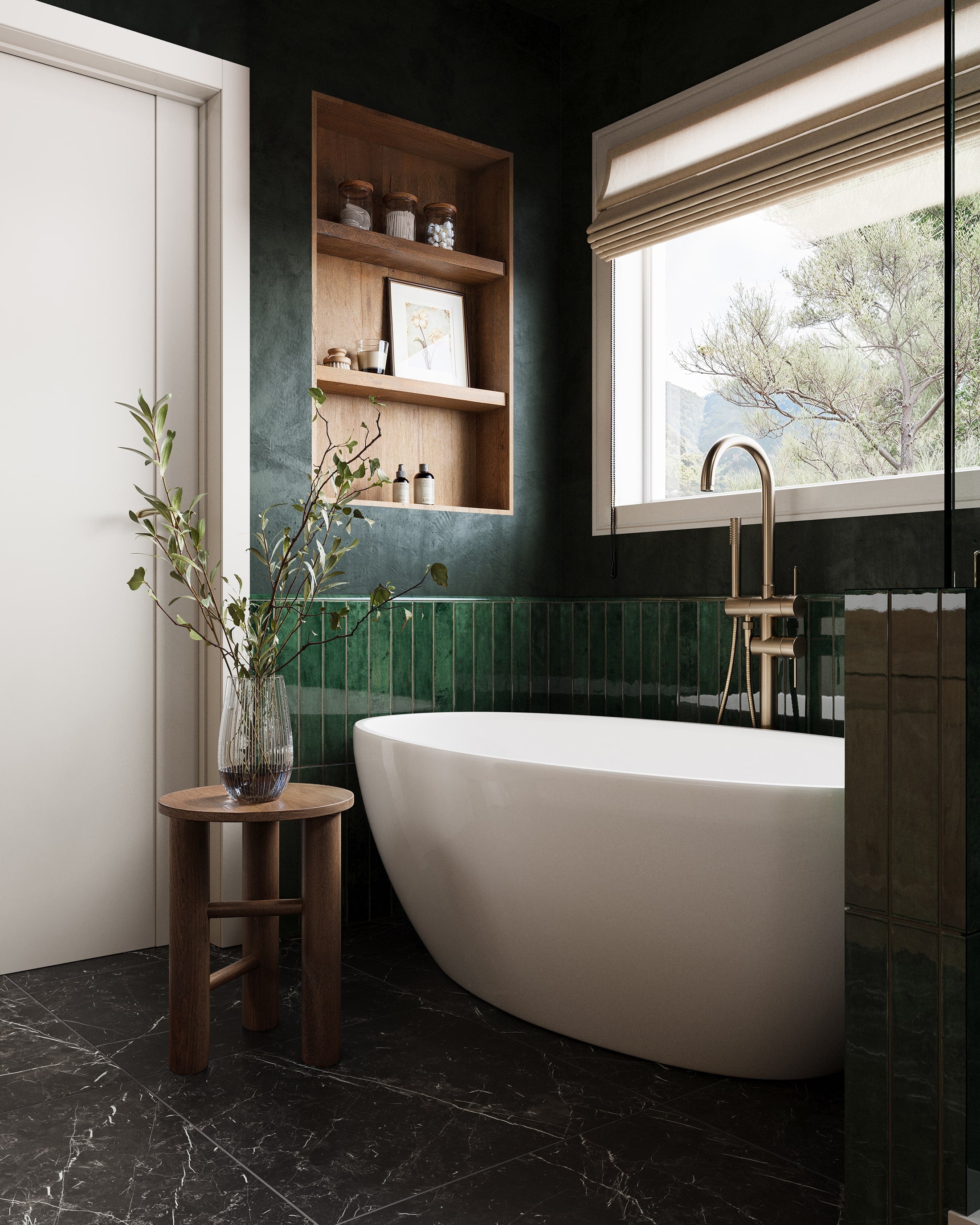 Dramatic Dark Green and Black Tile Bathroom with Freestanding Tub and Golden Accents | Material Depot