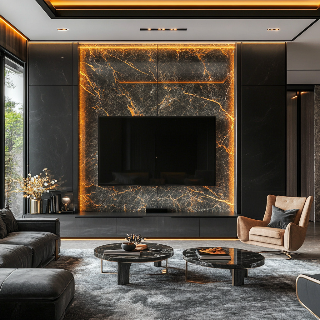 Dramatic Dark Luxury: A Modern Living Room with a Marble Feature Wall | Material Depot