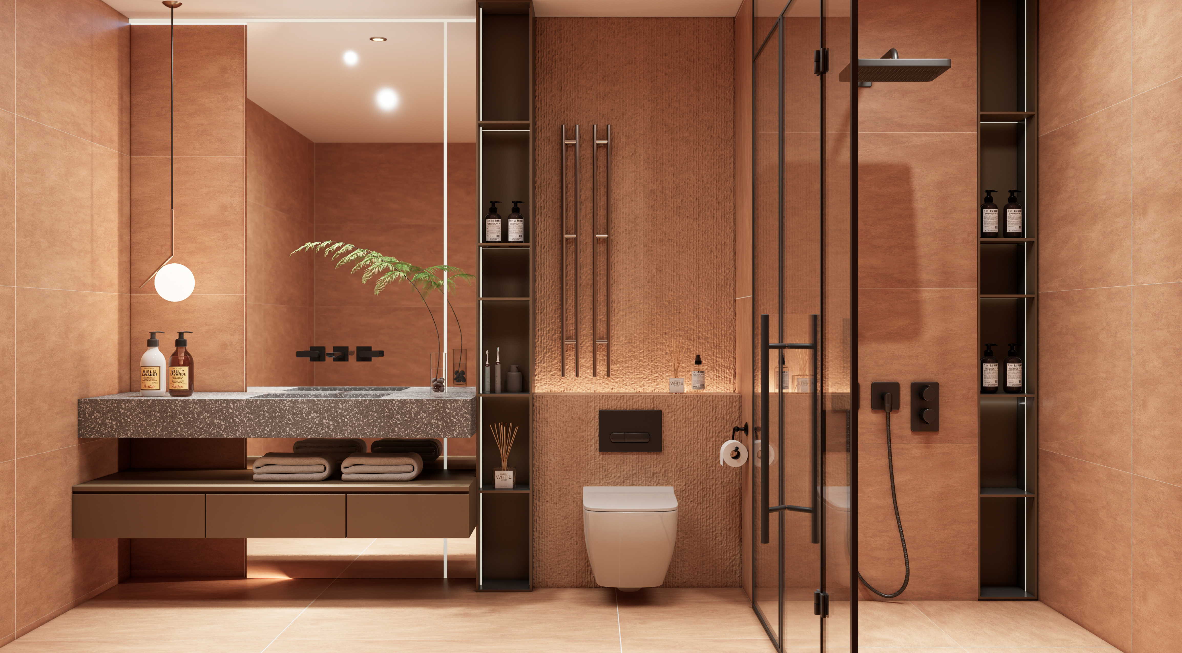 Earthy Textured Bathroom with Terracotta Tones | Material Depot