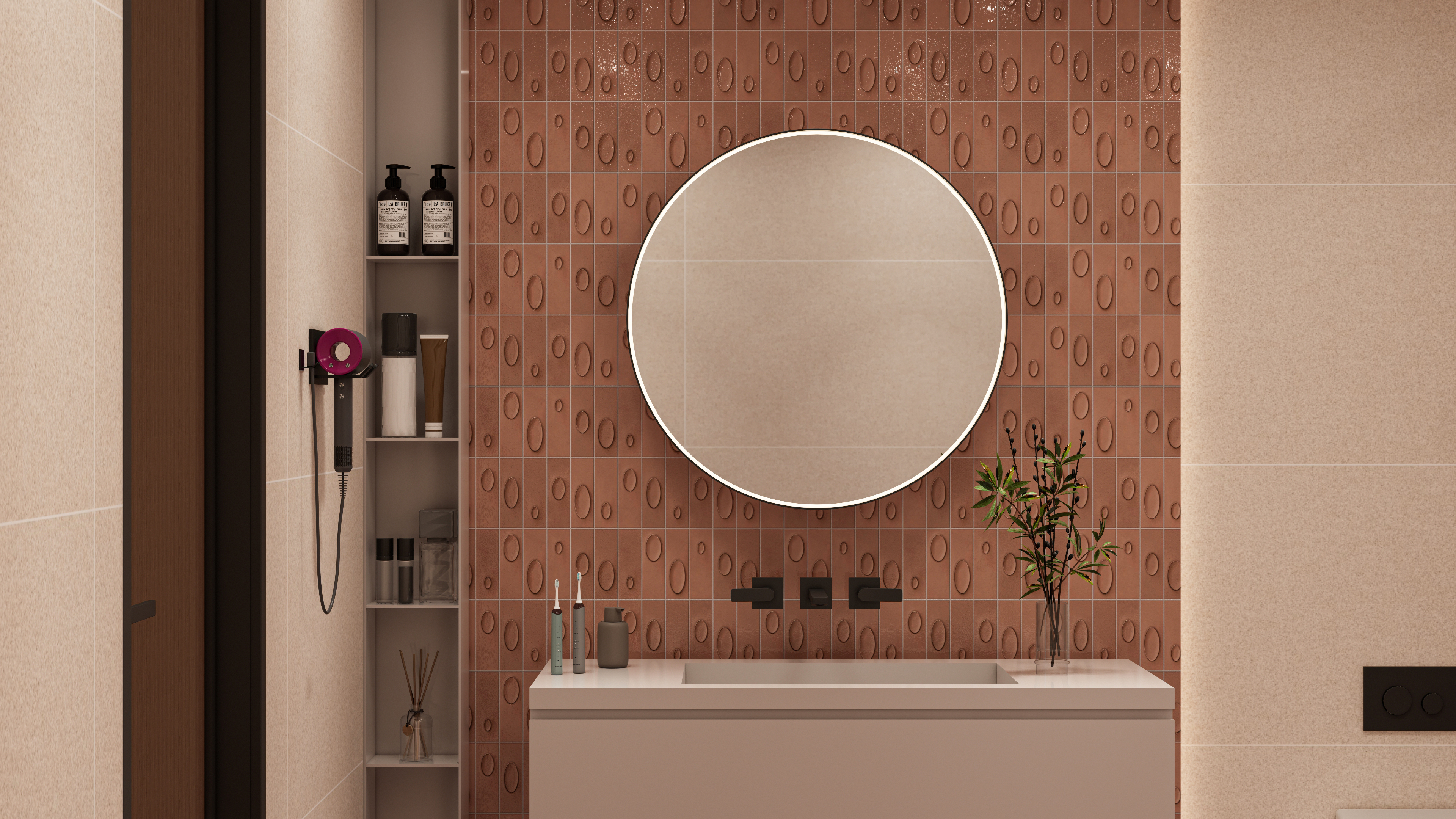 Earthy-Toned Bathroom with Textured Terracotta Accent Wall | Material Depot