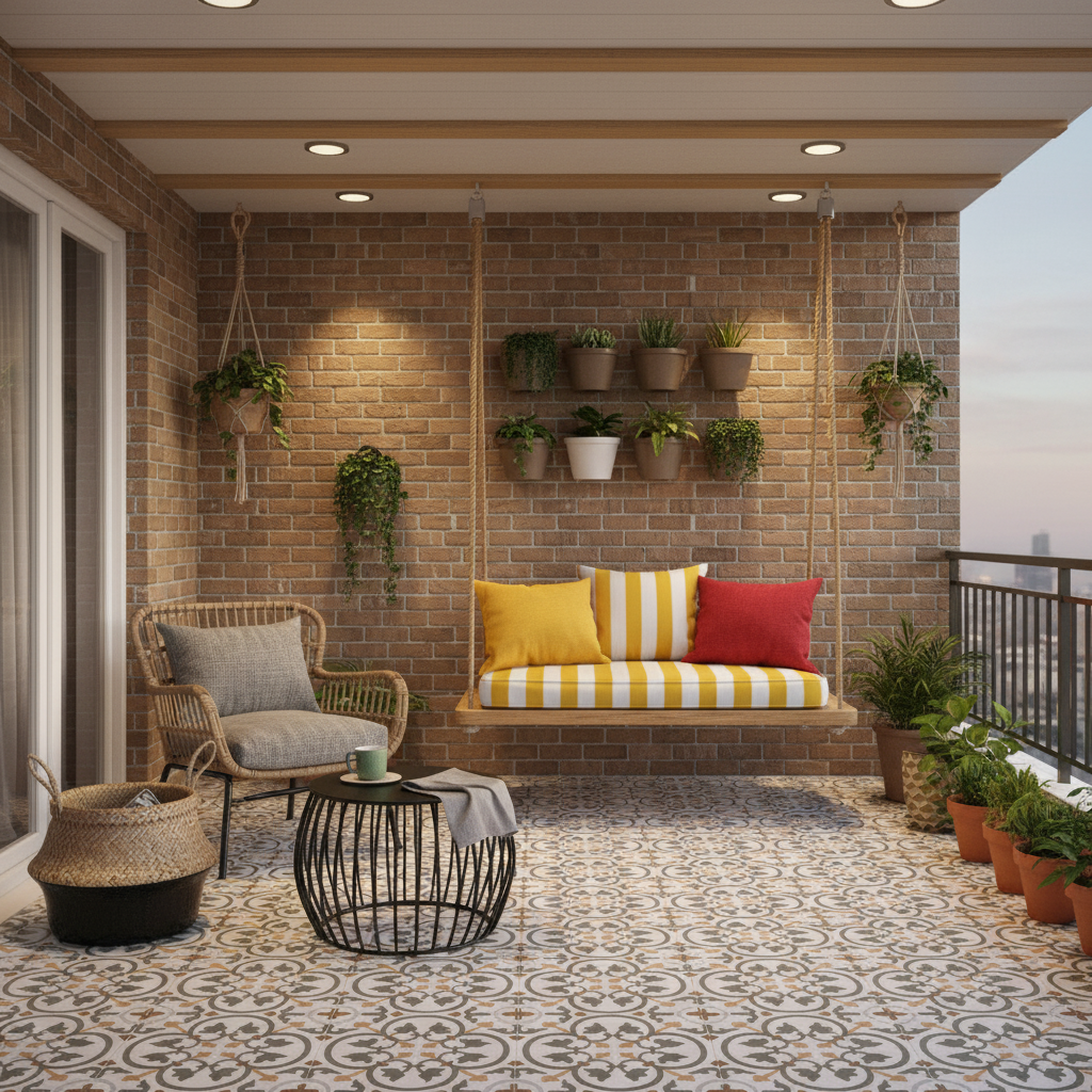 Eclectic balcony with brick cladding wall and patterned moroccan floor ...