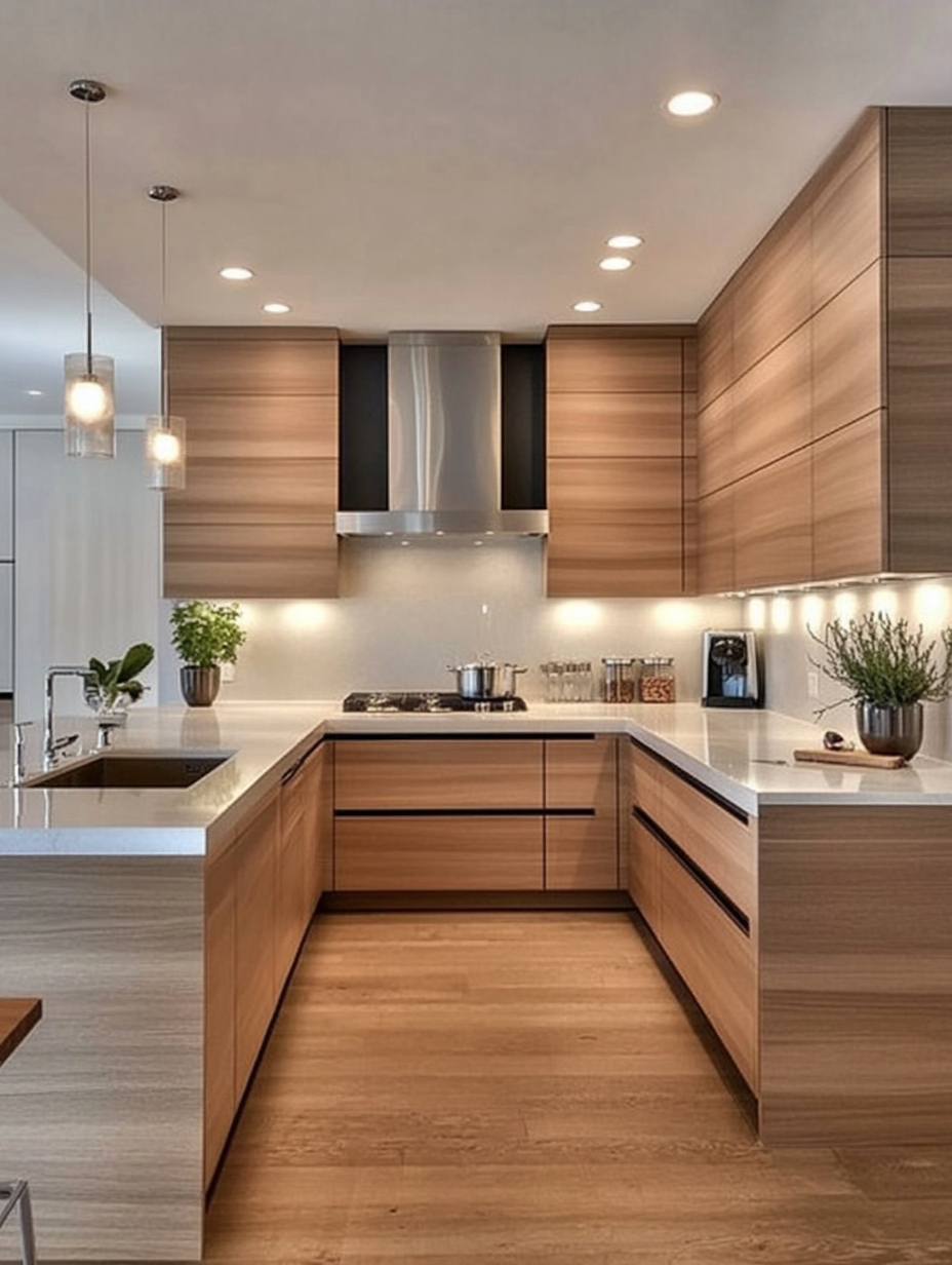 Elegant and Warm Modern Kitchen with Striped Wood Cabinets and Soft Lighting | Material Depot