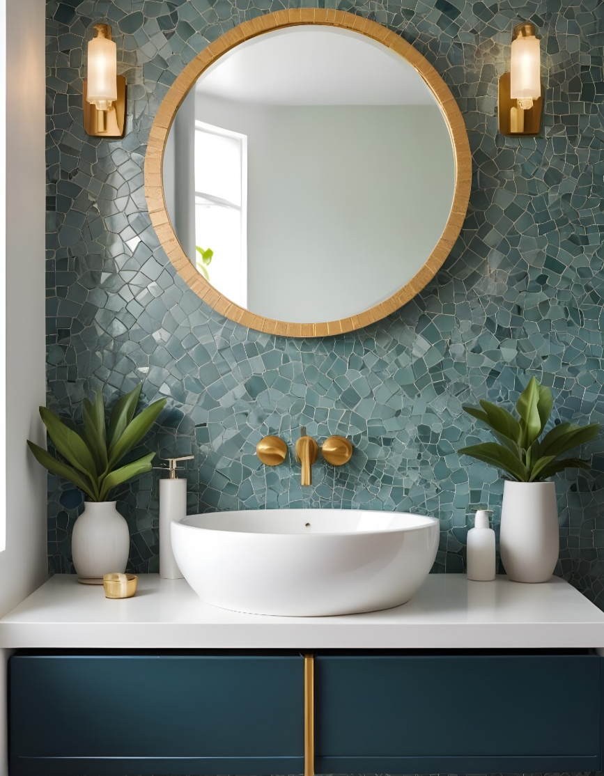 Elegant Bathroom Design Showcasing a Mosaic Accent Wall with Modern Fixtures and Stylish Accessories | Material Depot