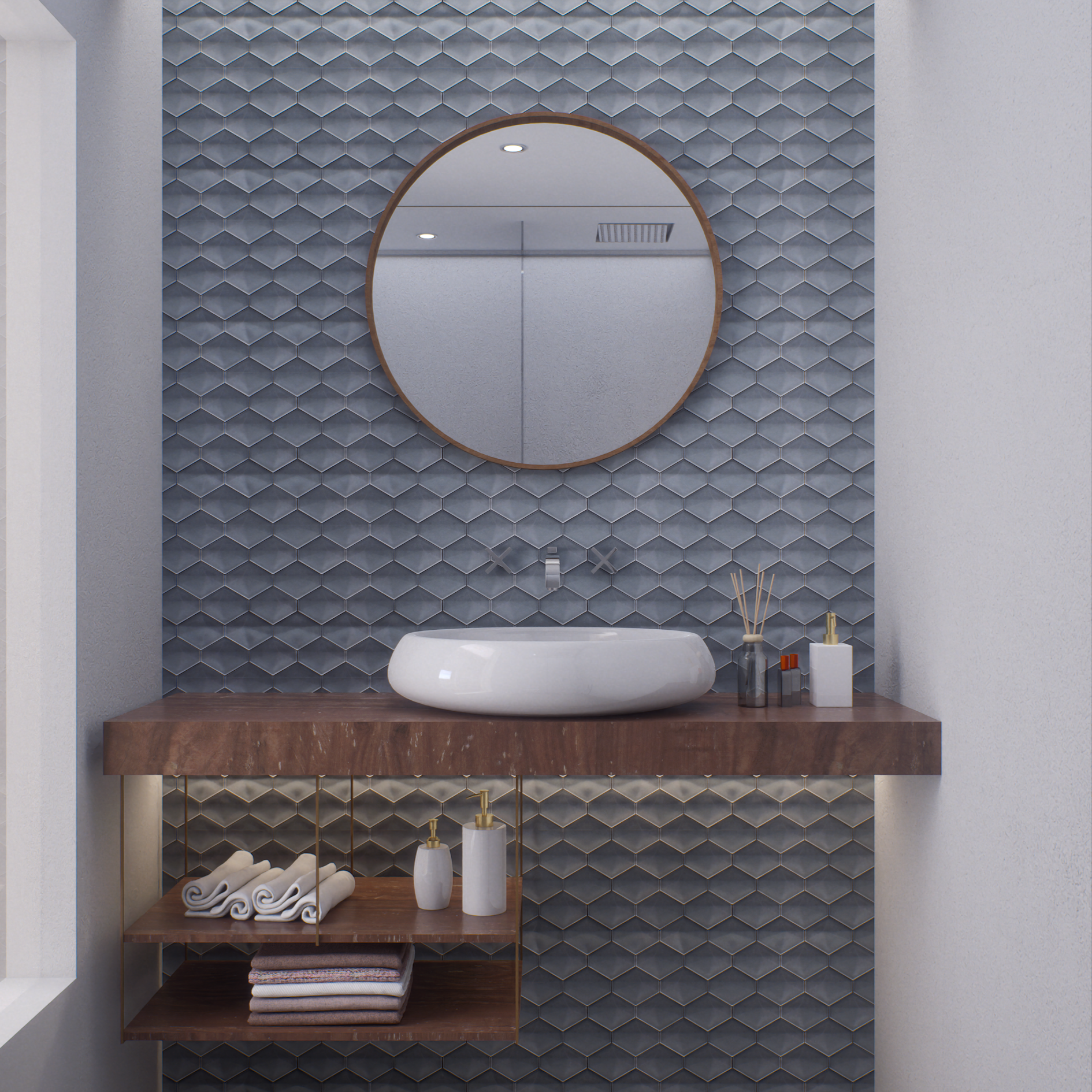 Elegant Bathroom Vanity with 3D Geometric Wall Tiles and Minimalist Decor | Material Depot