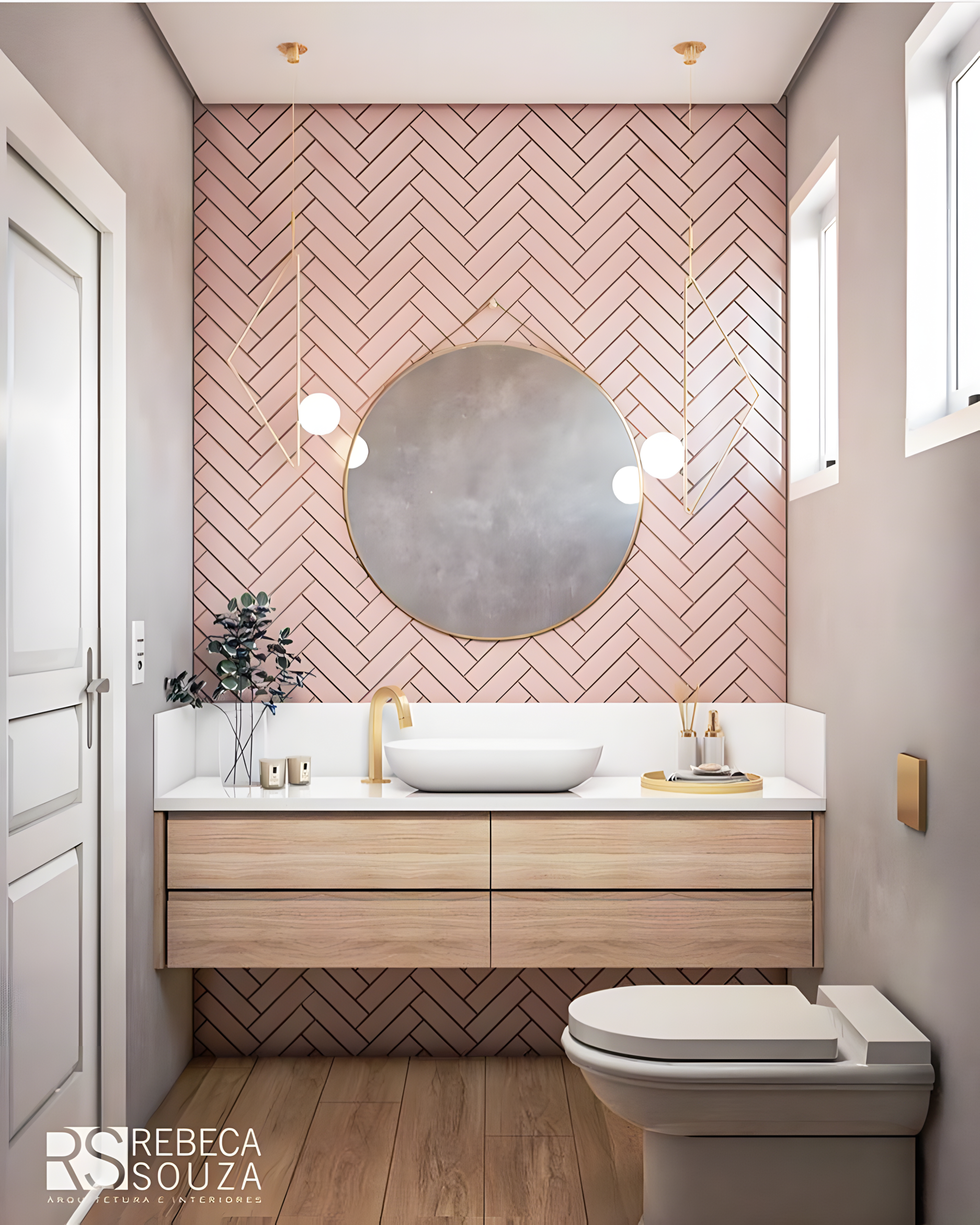 Elegant Bathroom Vanity with Pink Herringbone Tiles | Material Depot